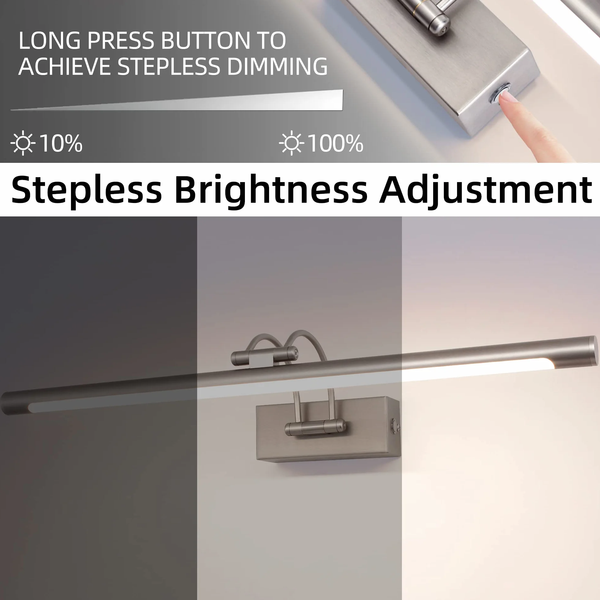 Lampa łazienkowa LED 60cm 15W 3 regulowane temperatury barwowe + ściemniacz ciągły Lampa stołowa LED z obrotową głowicą Lampa ścienna z ramieniem łukowym Lampa lustrzana