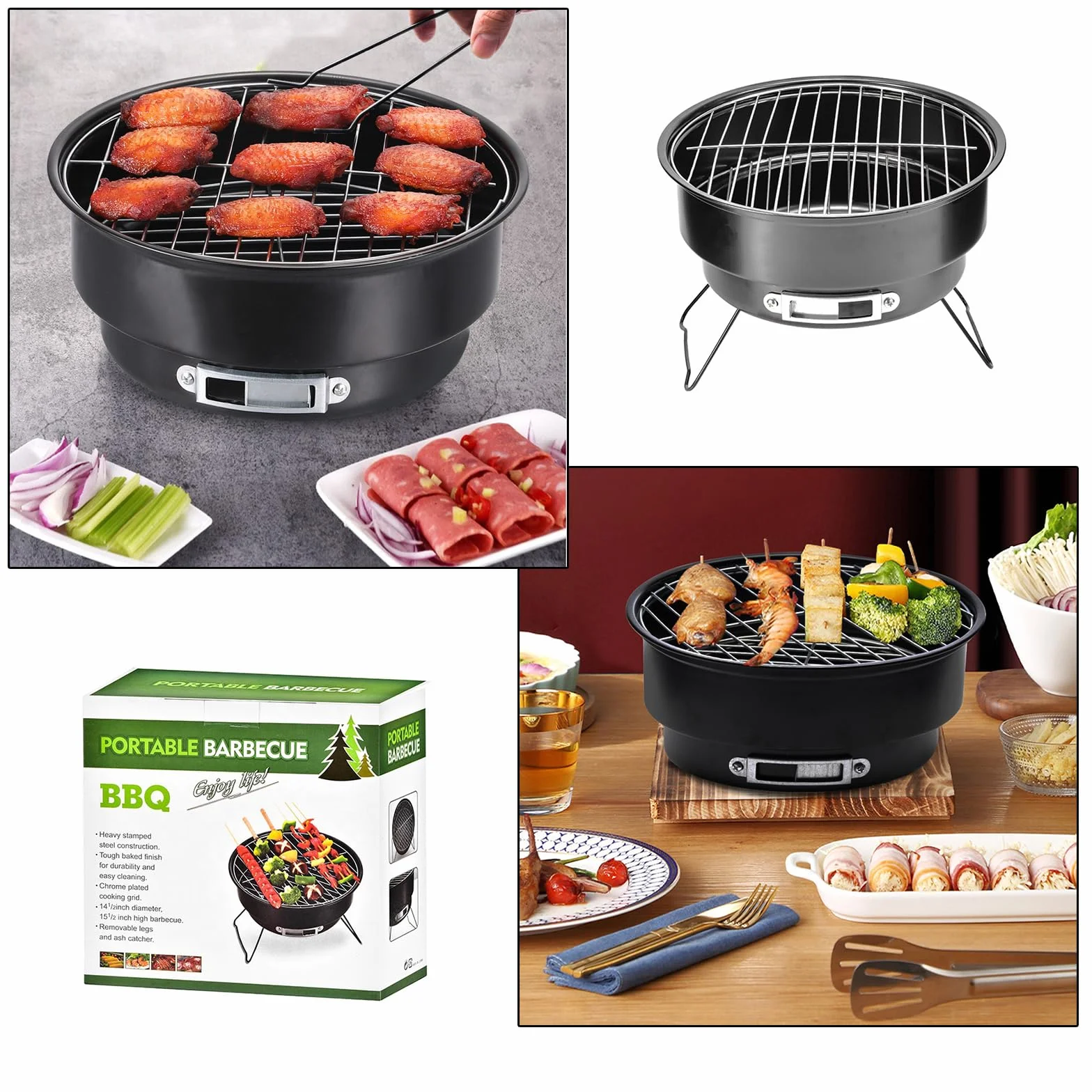 Przenośny Grill Okrągły na Węgiel Drzewny 25 cm z Uchwytem do BBQ