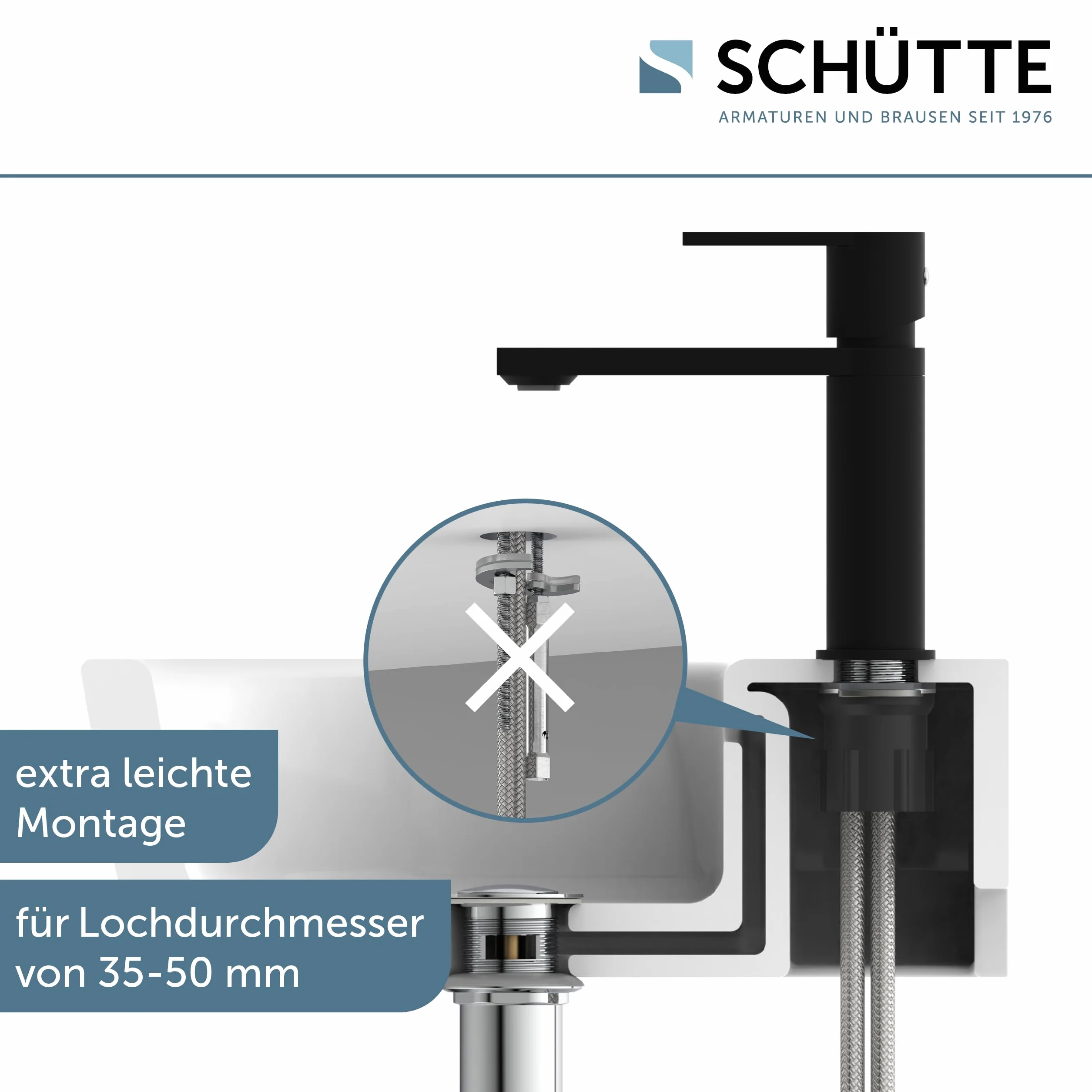 SCHÜTTE MANHATTAN 33016 bateria umywalkowa łazienkowa z zestawem odpływowym, jednouchwytowa bateria łazienkowa z korkiem odpływowym, bateria mieszakowa, umywalka, czarna