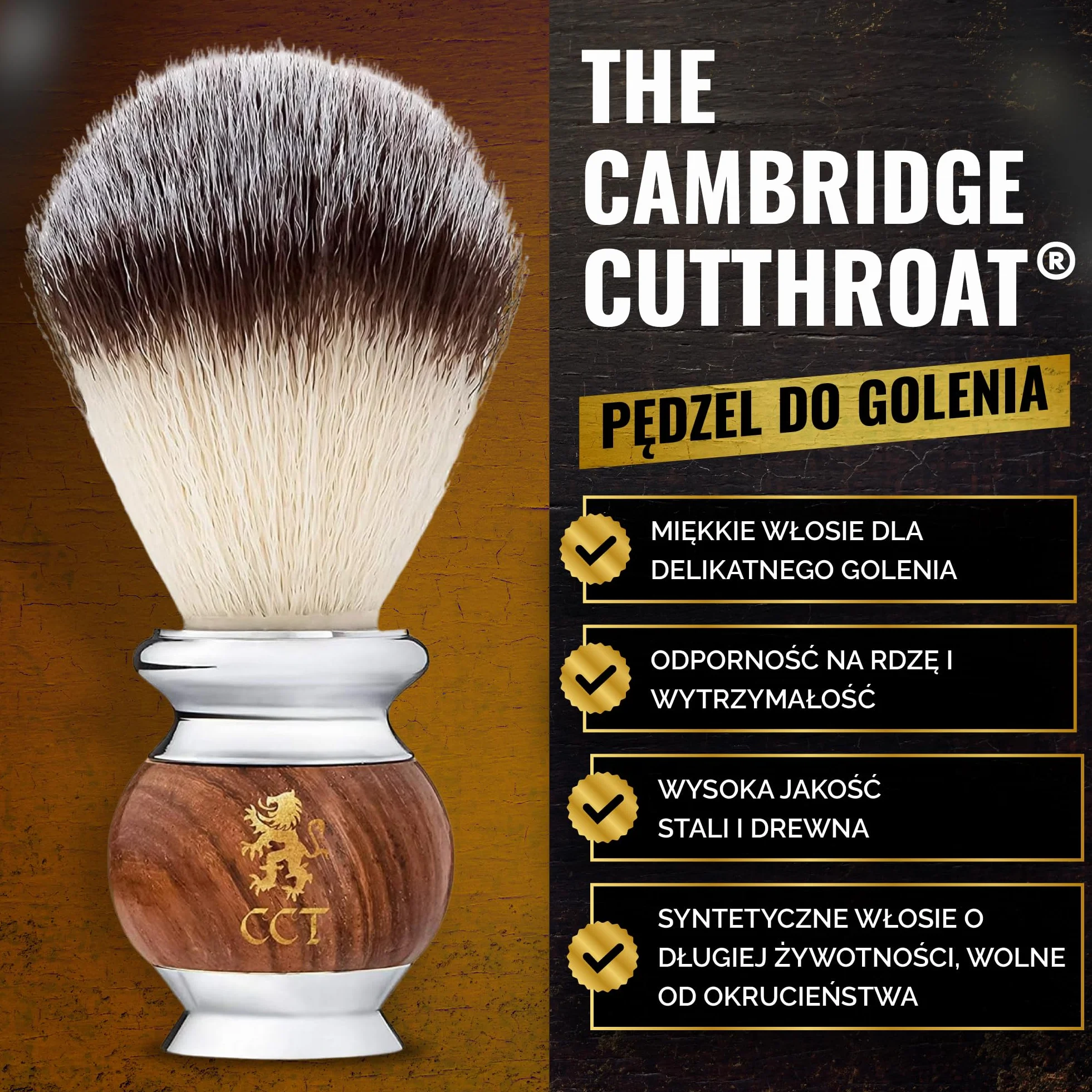 Luksusowy pędzel do golenia The Cambridge Cutthroat® z drewna Missanda i stali nierdzewnej dla mężczyzn, syntetycznym włosiem Silvertip, przyjaznym weganom, imitującym włosie borsuka