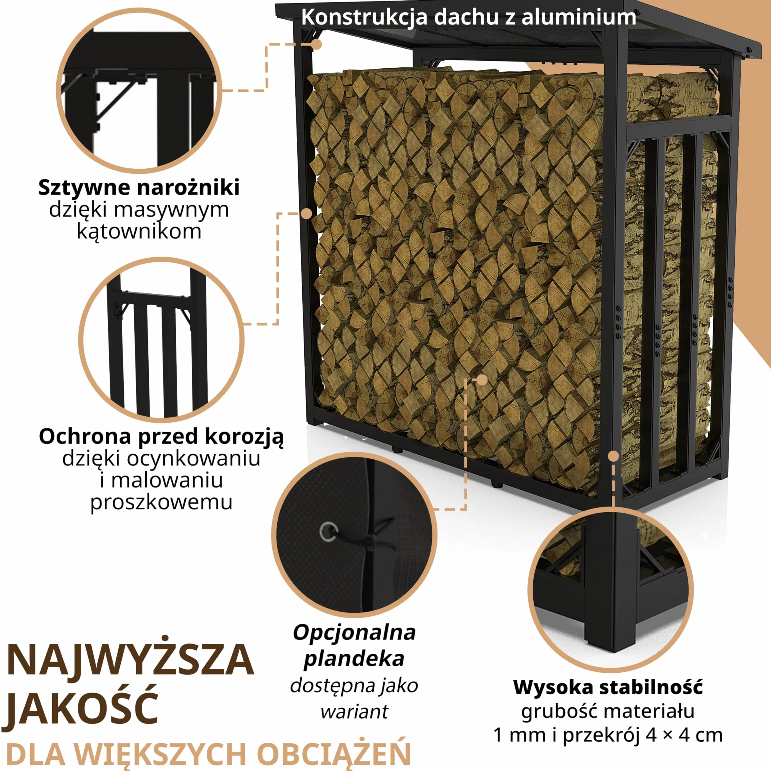 regał na drewno kominkowe, metalowy, z dachem, ocynkowany, 188 x 70 x 188 cm, 45 kg, 3 t, 3,3³ SRM, stojak na drewno kominkowe, stojak na drewno opałowe, na zewnątrz (czarny)