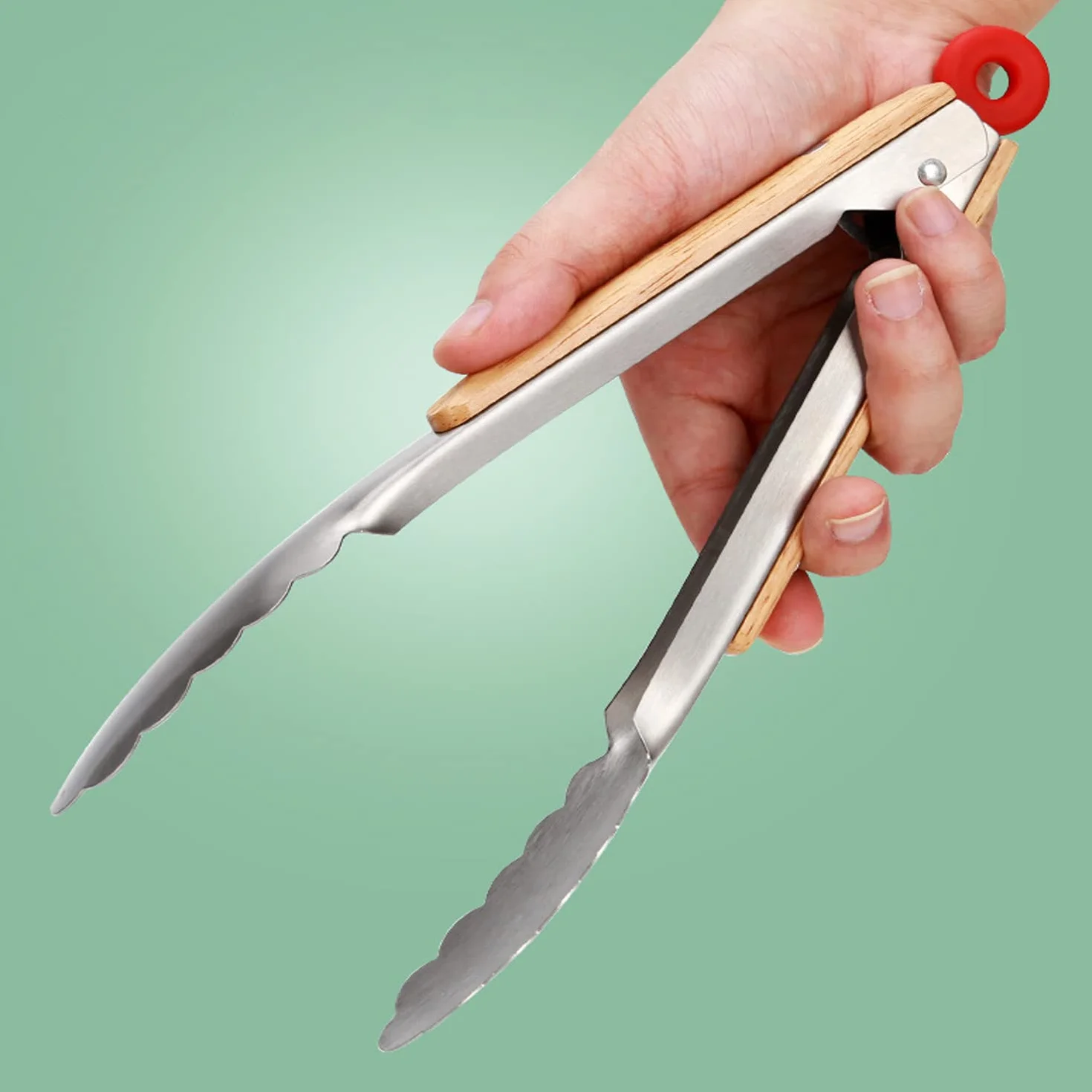 Stal nierdzewna szczypce kuchenne do grilla 2 sztuki Non-Stick Oak Wood Handle
