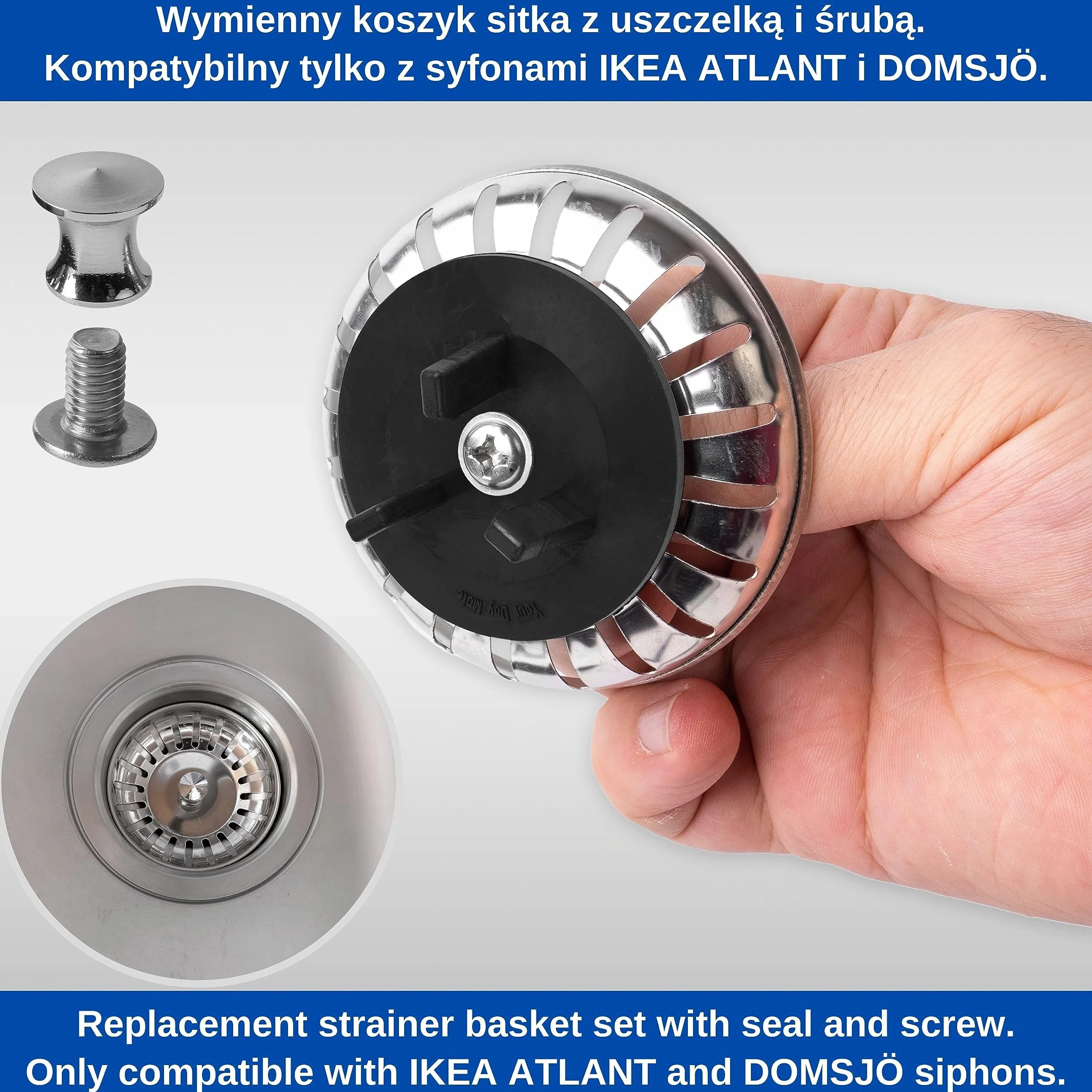 Sitko do zlewozmywaka IKEA ATLANT i DOMSJÖ, Ø 80 mm, kompatybilne z syfonem, kosz sitkowy z ulepszoną uszczelką, pasuje do zlewozmywaka Atlant i Domsjö, sitko z zatyczką