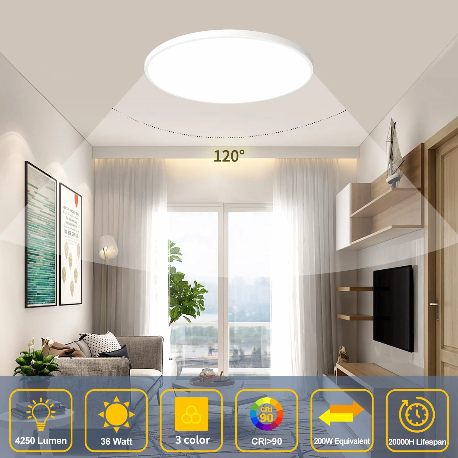 NUODIFAN Lampa sufitowa LED, 36 W, 4250 lm, ultra cienka, biała, 3000 K/4000 K/6000 K, wodoszczelna IP65, lampa sufitowa, okrągła, lampa sufitowa, bez migotania, lampa LED
