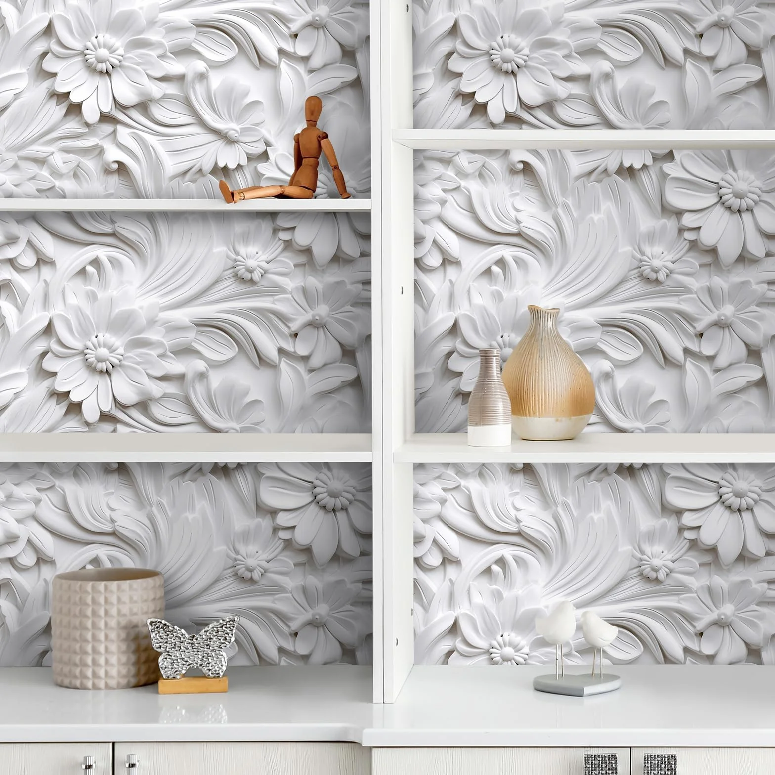 LaCheery Biała samoprzylepna tapeta kwiatowa, efekt 3D, tapeta ścienna, kwiaty, do salonu, 44,5 cm x 700 cm, tapeta z białym wzorem, winylowa, folia samoprzylepna do mebli, kwiatowa tapeta ścienna