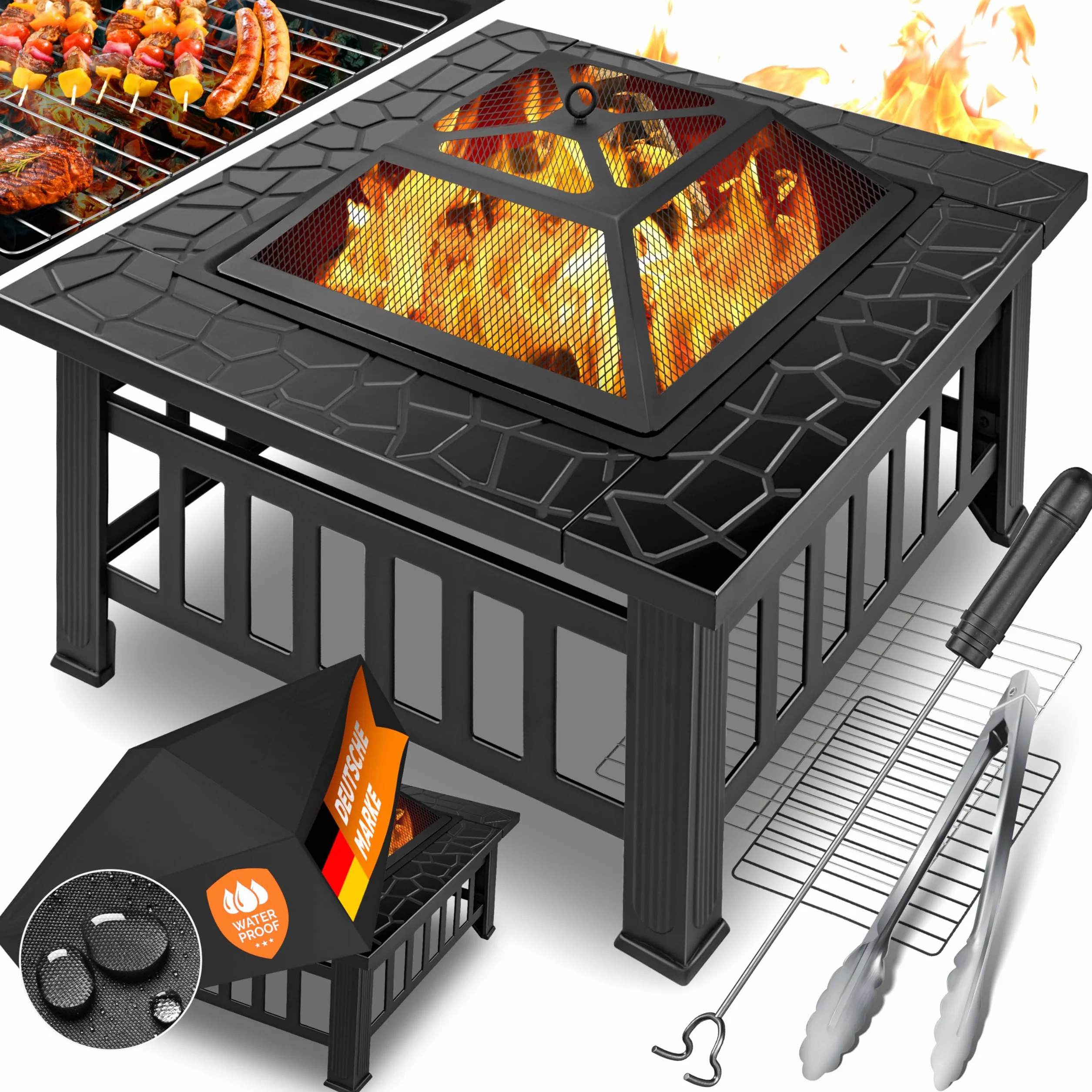 KESSER® Palenisko z rusztem do grillowania i szczypcami do grilla, koksownik 82 x 82 x 50 cm, 3 w 1, do ogrzewania/BBQ, do ogrodu, na taras, metalowy kosz z pokrowcem ochronnym, ochrona przed iskrami
