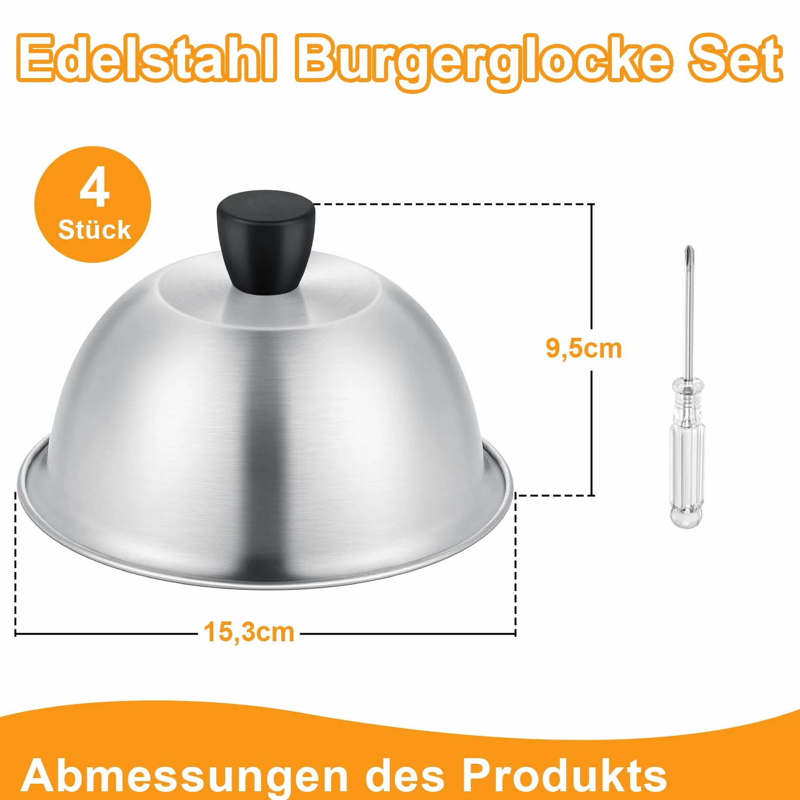 TEAMFAR Dzwonek do burgerów, 4 sztuki ze stali nierdzewnej, dzwonek do grilla z okładziną z silikonu odpornego na ciepło, małe dzwonki do burgerów do grilla teppanyaki i kuchni, do użytku wewnętrznego