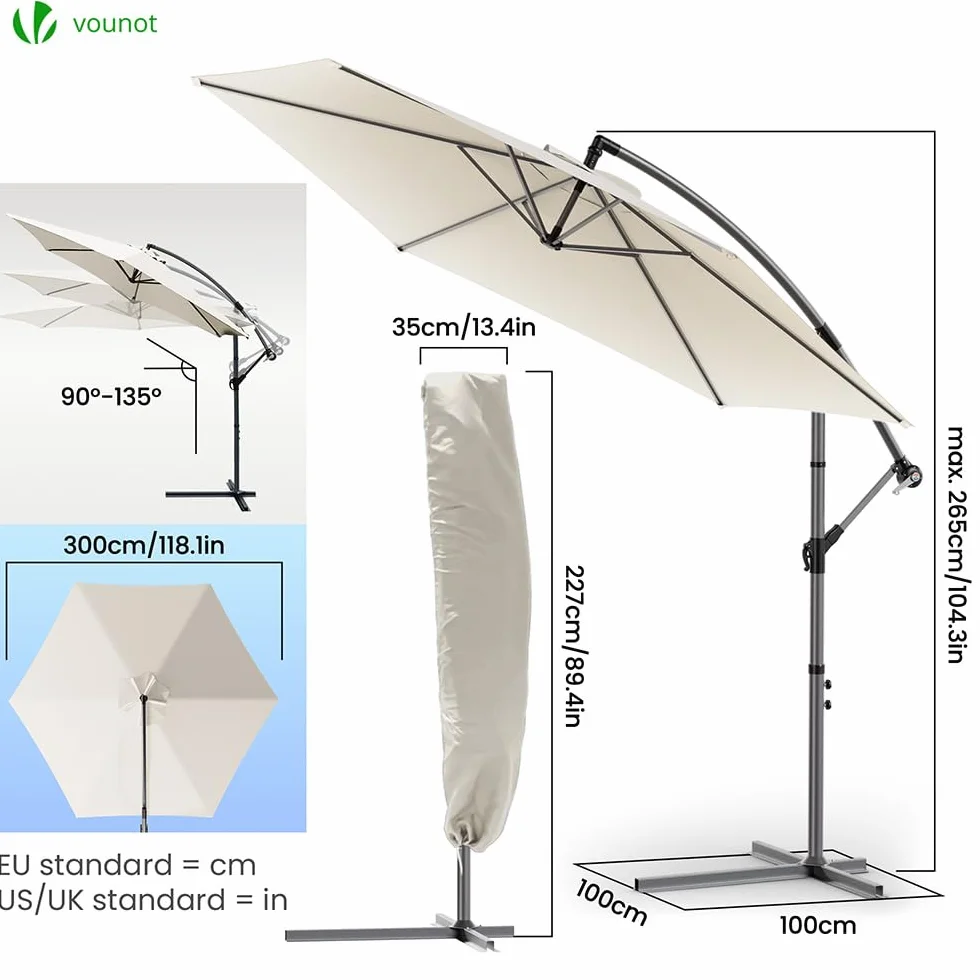 VOUNOT Parasol ogrodowy z korbą antyzwrotną UV 3M z pokrowcem