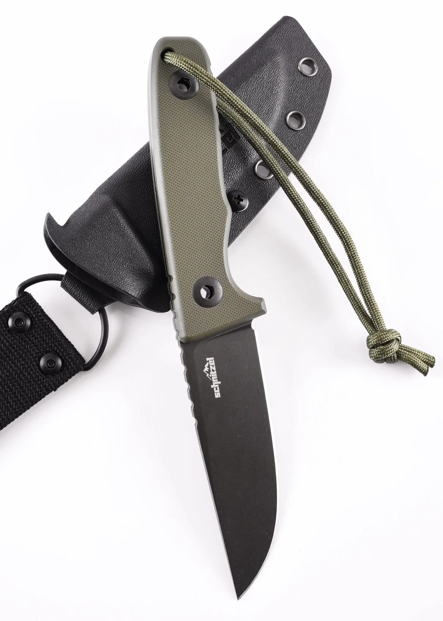 SCHNITZEL TRI nóż outdoorowy z pochwą Kydex i systemem nośnym Dangler – nóż Bushcraft, nóż outdoorowy, nóż rekreacyjny dla dorosłych (zielony)