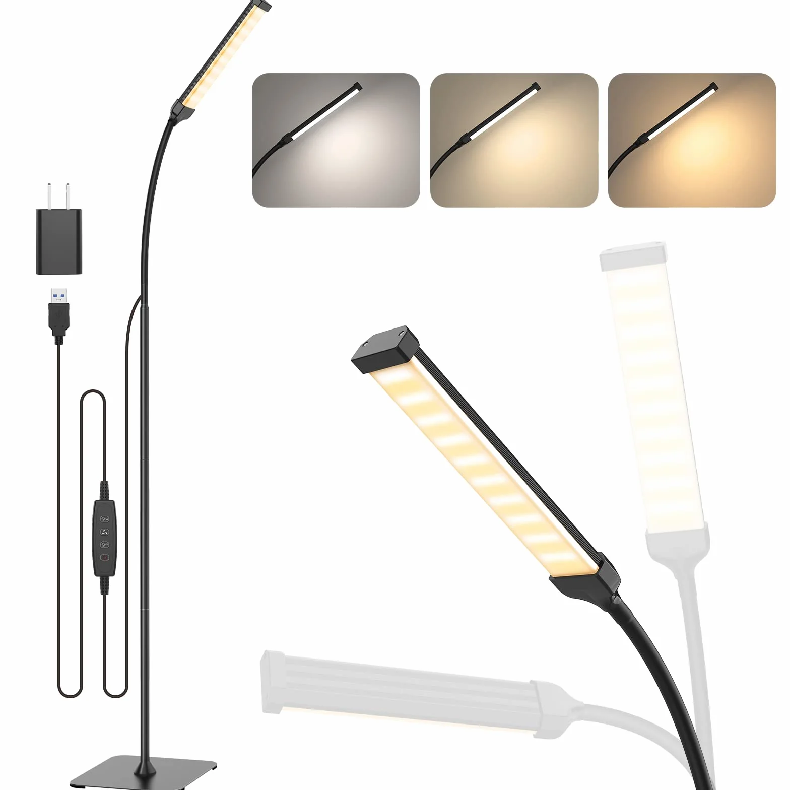 iFalarila Lampa podłogowa, 120 LED, 10 W, lampa stojąca w 3 kolorach i 10 jasnościach, lampa stojąca z elastycznym ramieniem, do salonu, sypialni, biura
