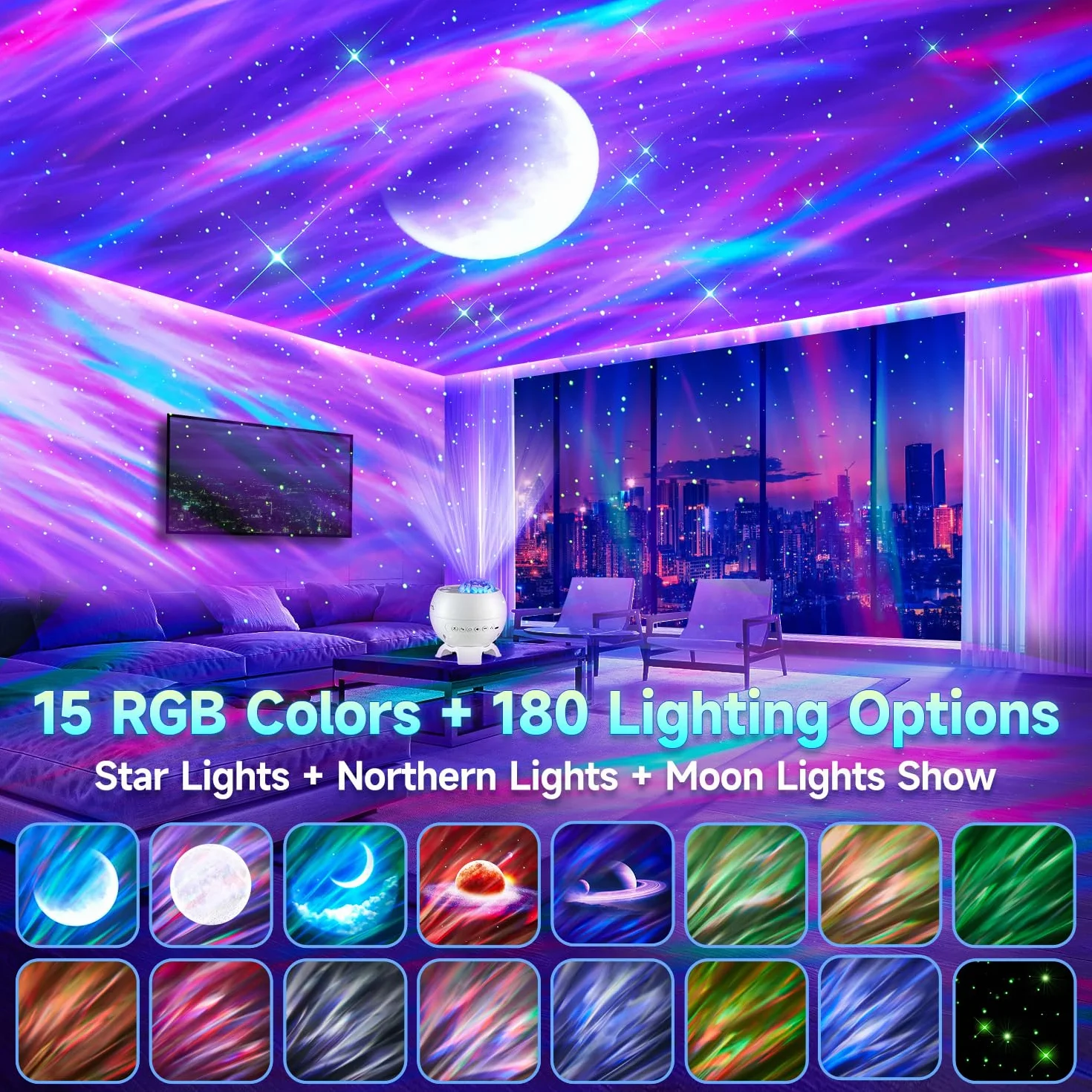 COOLNIGHT Projektor gwiaździste niebo do sypialni LED, lampka nocna dla dzieci z 15 kolorami + 5 księżycami, dekoracja sypialni Bluetooth z 15 białymi dźwiękami i pilotem, prezent na Dzień Matki