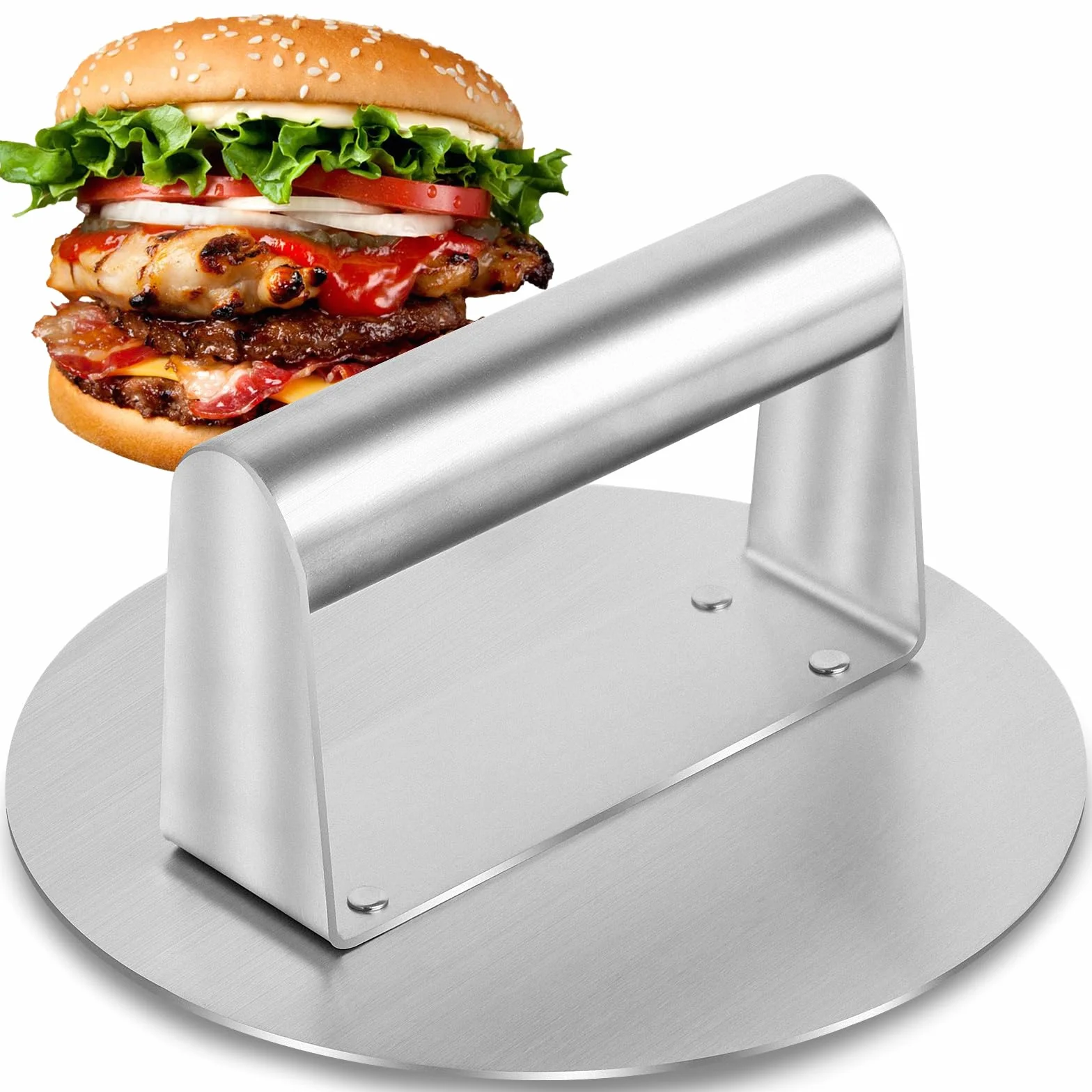 Bafumiu Prasa do burgerów ze stali nierdzewnej, 16 cm, okrągła prasa do hamburgerów, profesjonalna prasa do burgerów do płaskich grillów, akcesoria do grilla do wyciskania Grease, łatwa do