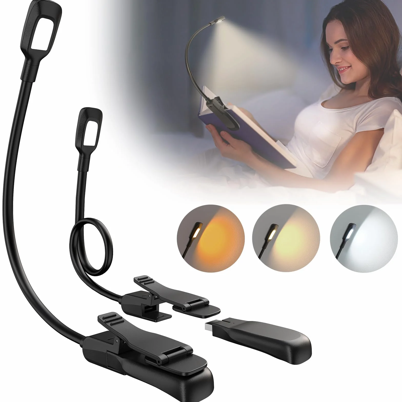 Lampka do czytania 16 LED, 【Odłączane ładowanie USB】 Yifacoom Lampki do książek w nocy w łóżku z 3 trybami ochrony oczu (bursztynowy, ciepły i naturalny), funkcja pamięci i bezstopniowe ściemnianie
