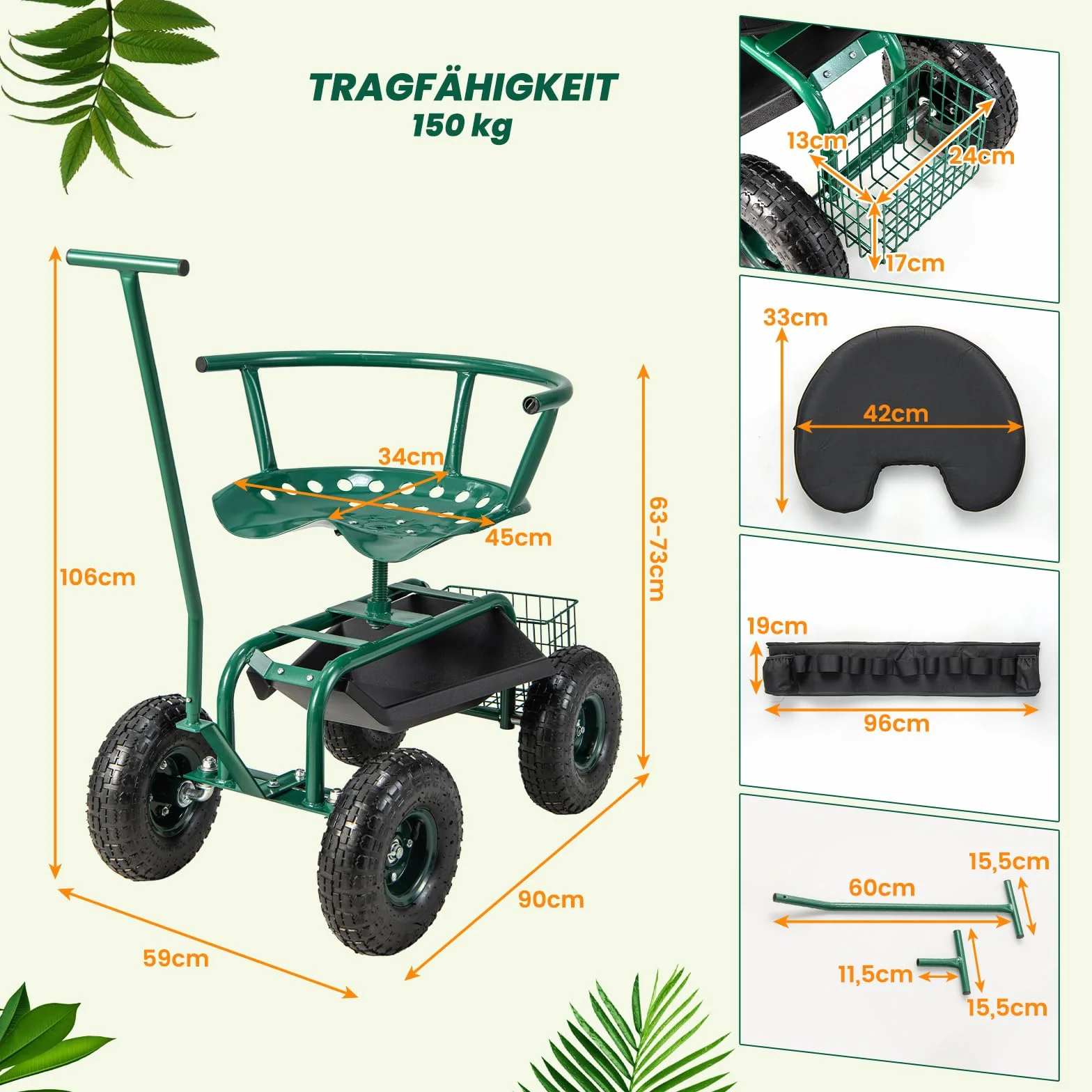 COSTWAY Siedzisko obracane 360° z regulacją wysokości, mobilne stołek ogrodowy do 150 kg