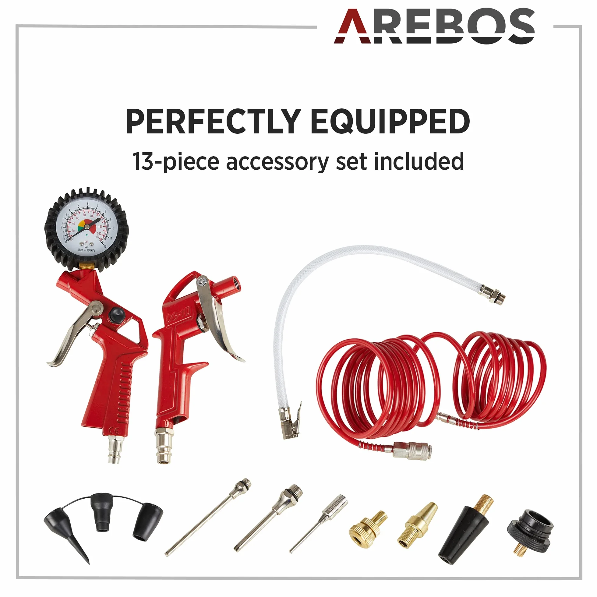 Arebos Sprężarka powietrza 6L Sprężarka 1200W | z 13-częściowym zestawem narzędzi pneumatycznych | automatyczne wyłączanie | bardzo długi wąż powietrza | bezolejowa | sprężarka powietrza 8 bar