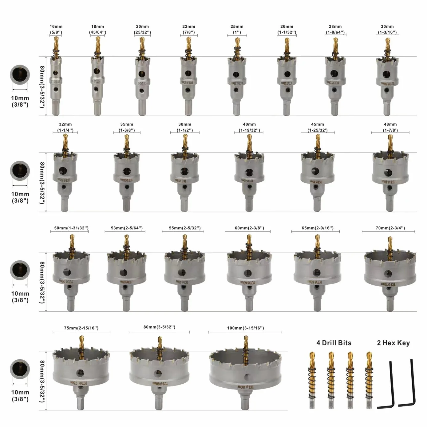 Zestaw otwornic z wiertłami, zestaw otwornic z węglika wolframu do twardego metalu i stali nierdzewnej, średnica cięcia w zakresie od 5/20.3 cm do 3-15/16''