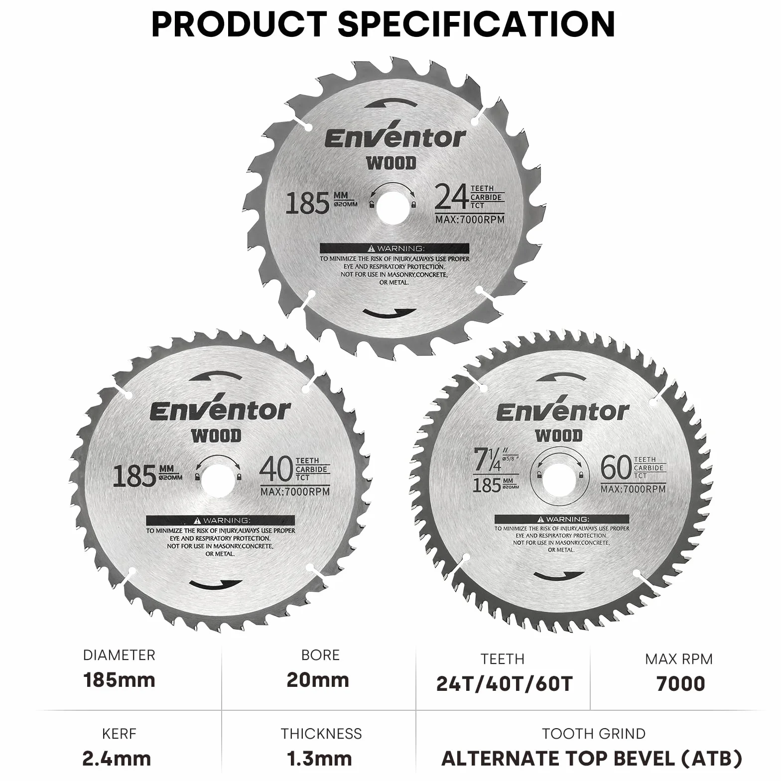 Enventor Zestaw 3 brzeszczotów tarczowych TCT 24T/40T/60T 185 mm x 20 mm z węglikami spiekanymi do drewna, laminatów, płyt gipsowo-kartonowych i plastiku, kompatybilny z piłą tarczową Enventor