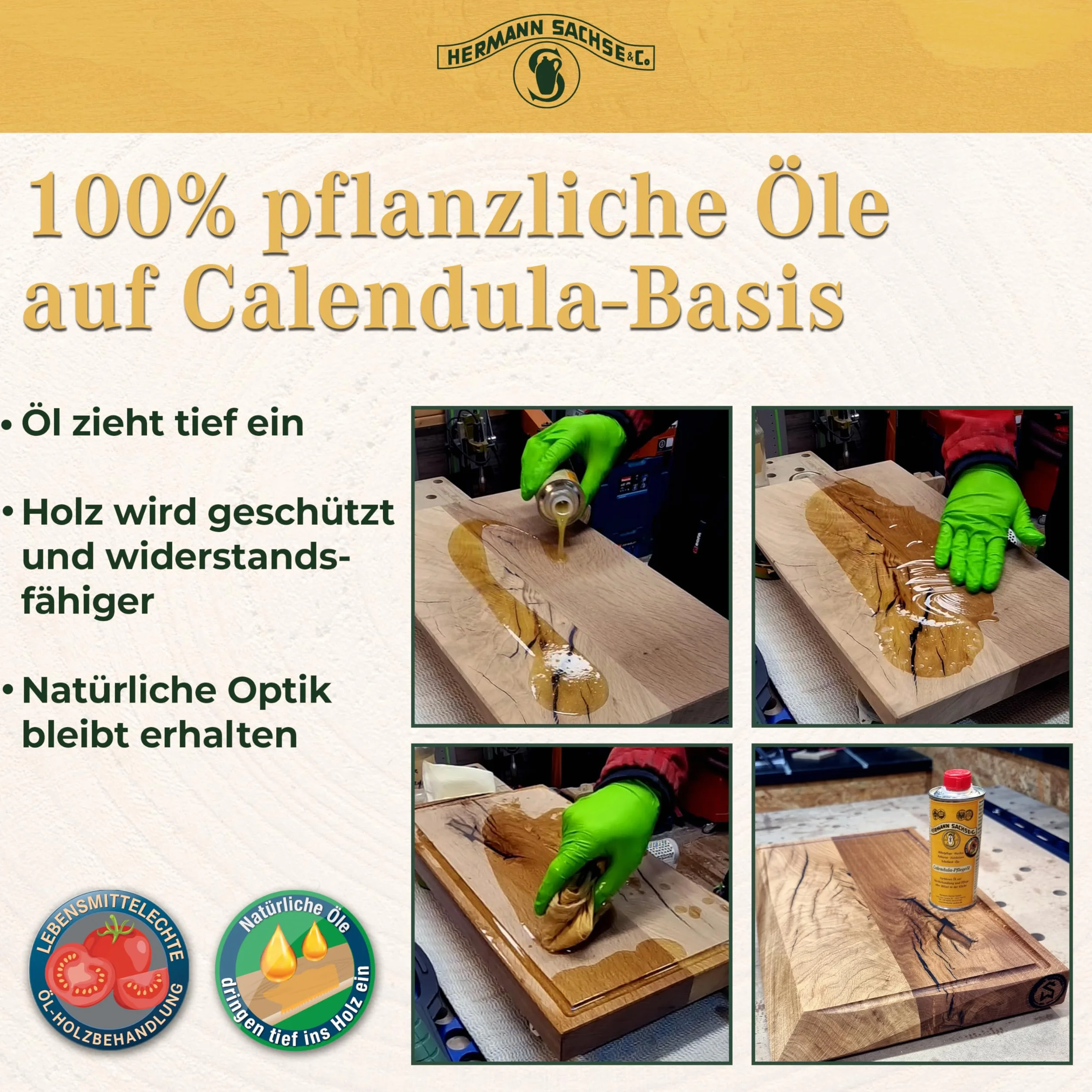 Hermann Sachse Calendula Pflegeöl - 250ml - Veganes farbloses Holzöl für Holzflächen - Holzpflegeöl für Küchenutensilien, Küchenmöbel - Made in Germany