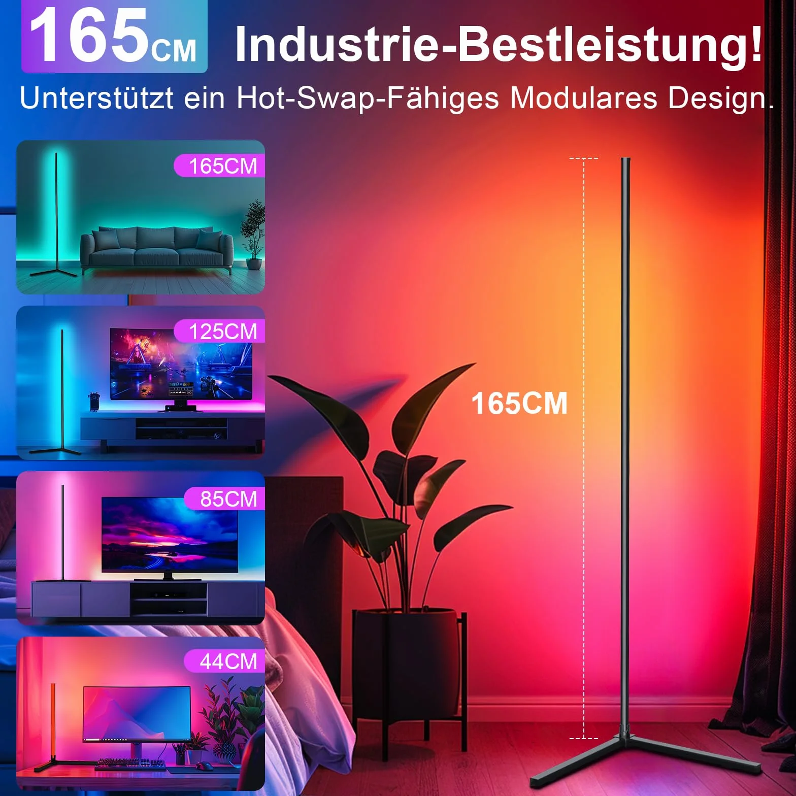 TRUMPETS Lampa stojąca LED do salonu, 165 cm, lampa narożna RGB, ściemniana, z pilotem zdalnego sterowania i aplikacją, 16 milionów kolorów, tryby muzyki, tryb DIY i funkcja timera do sypialni 2025