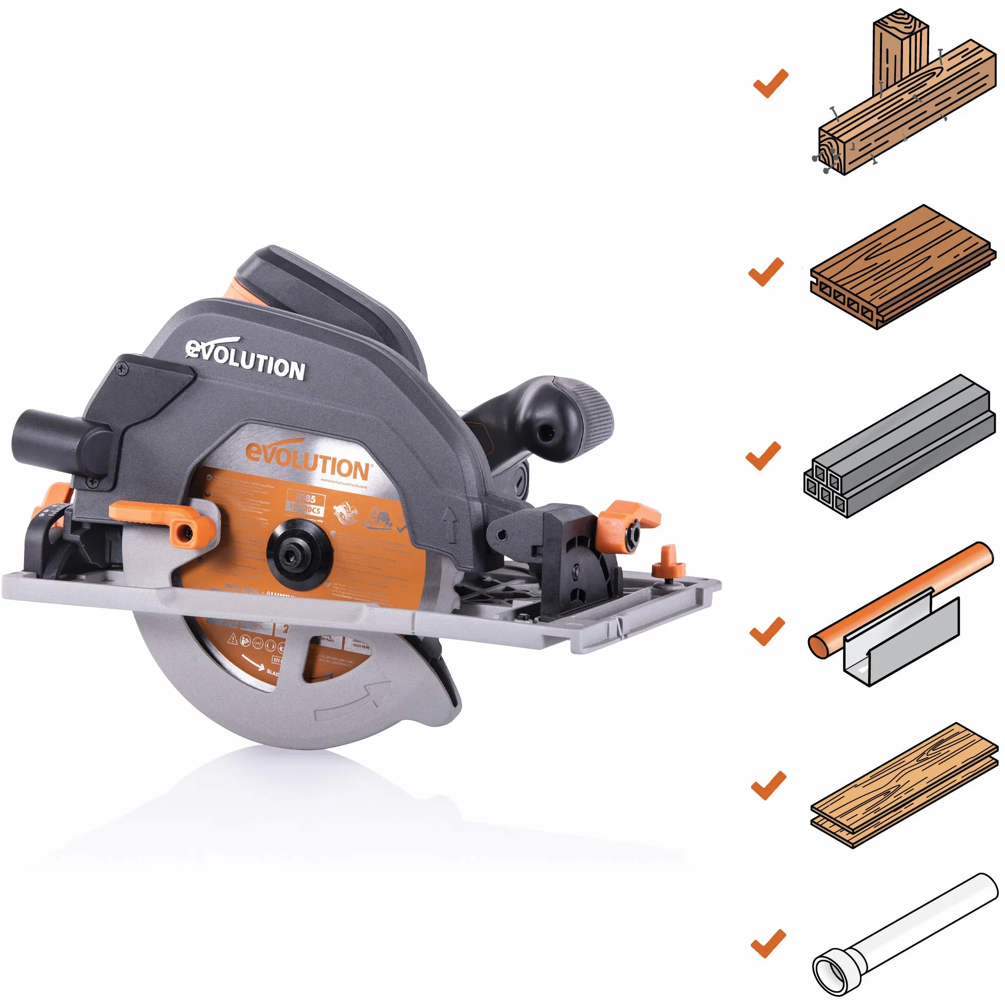Evolution Power Tools R185CCSX Piła tarczowa i prowadnica do różnych materiałów, tnie drewno, drewno z gwoździami metal stal aluminium plastik, opcja odchylenia, w zestawie prowadnica 1020 mm, 185 mm