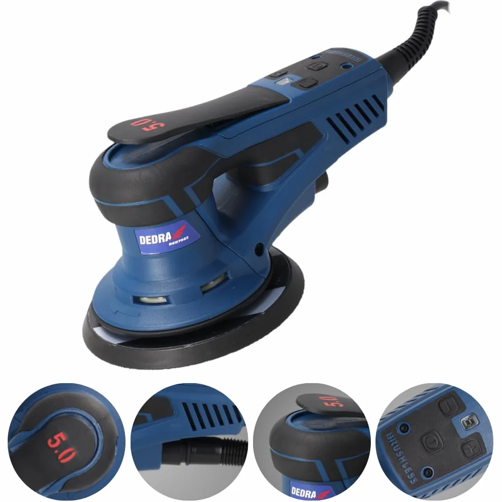 Szlifierka mimośrodowa DEDRA 350 W, Ø 150 mm – bezszczotkowa, regulowana prędkość obrotowa 4000-10000 obr./min, odsysanie pyłu, ergonomiczny design z miękkim uchwytem, w zestawie zestaw akcesoriów