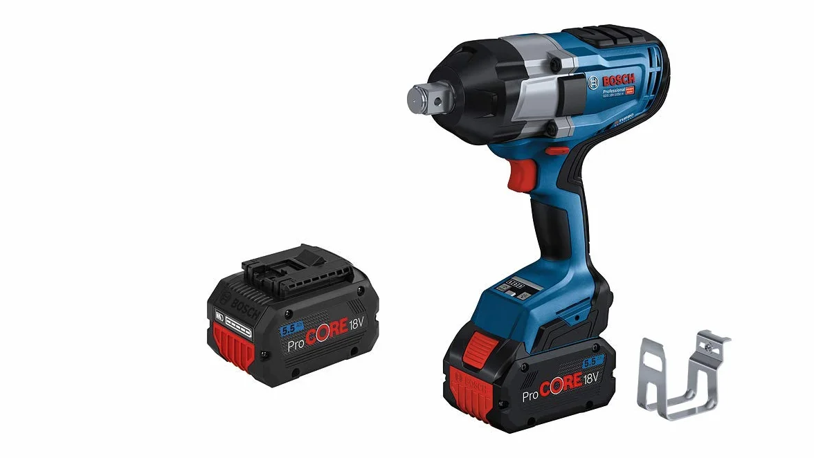 Bosch Professional system 18V: akumulatorowy klucz udarowy BITURBO GDS 18V-1050 H (2 akumulatory ProCORE18V 5.5Ah, szybka ładowarka GAL 1880 CV, zaczep do drabiny, walizka L-BOXX)