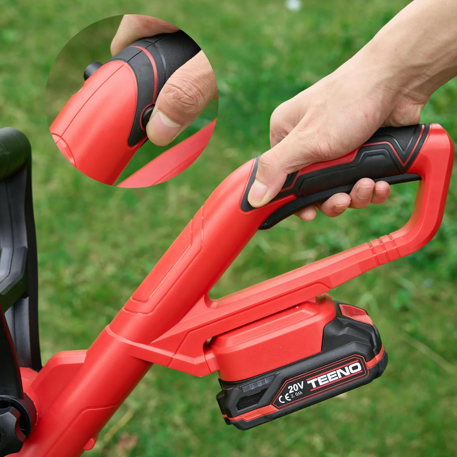 TEENO Bezprzewodowy trymer Rotofil 20 V 30 cm akumulatorowy do trawy 1x2 Ah z szybką ładowarką i uchwytem teleskopowym