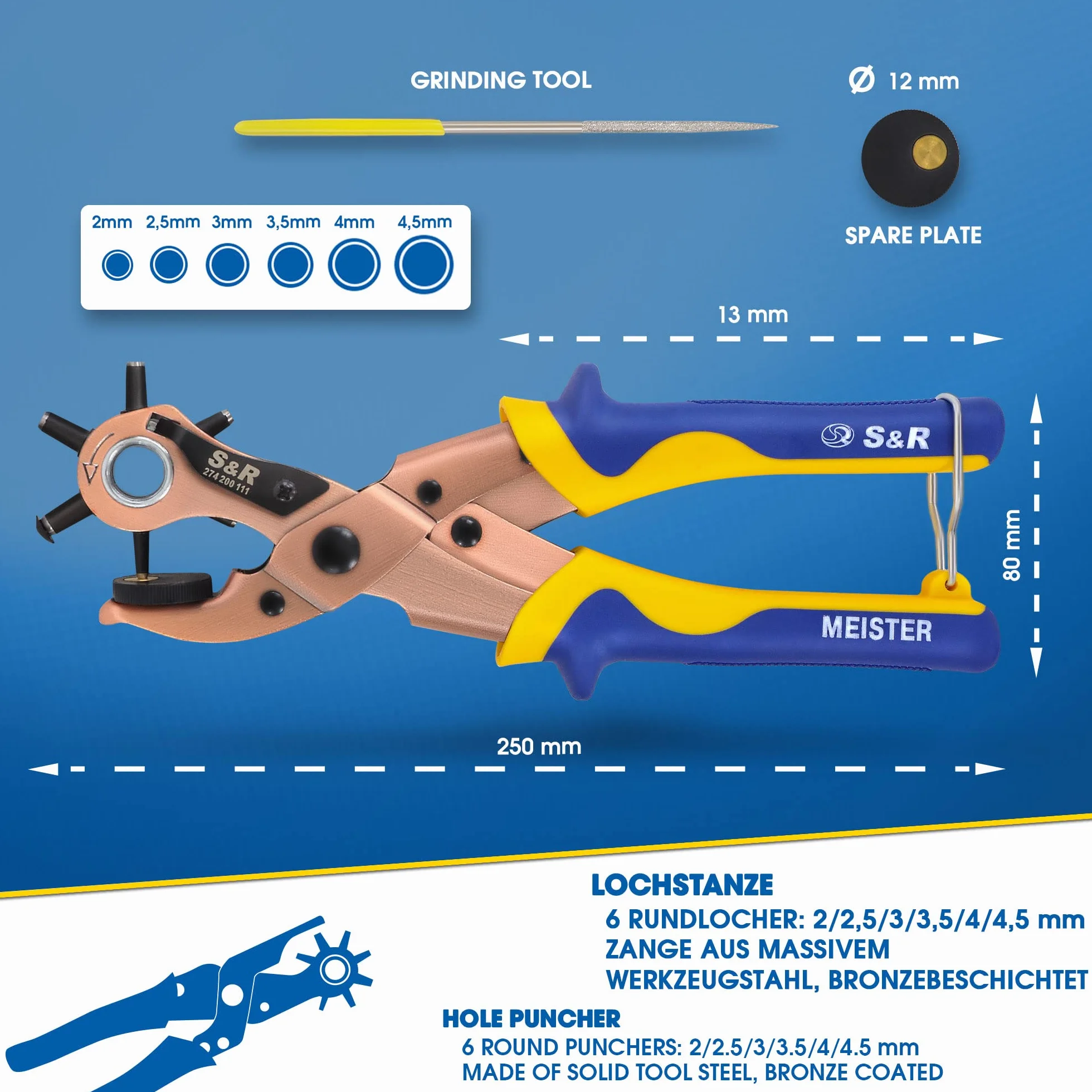 Ergonomiczne szczypce do otworów rewolwerowych ze stali węglowej – precyzyjne szczypce do wykrawania z okrągłym i owalnym, rozmiary 2-4,5 mm, do skóry, paska, butów, siodełka, plastiku – ergonomiczne
