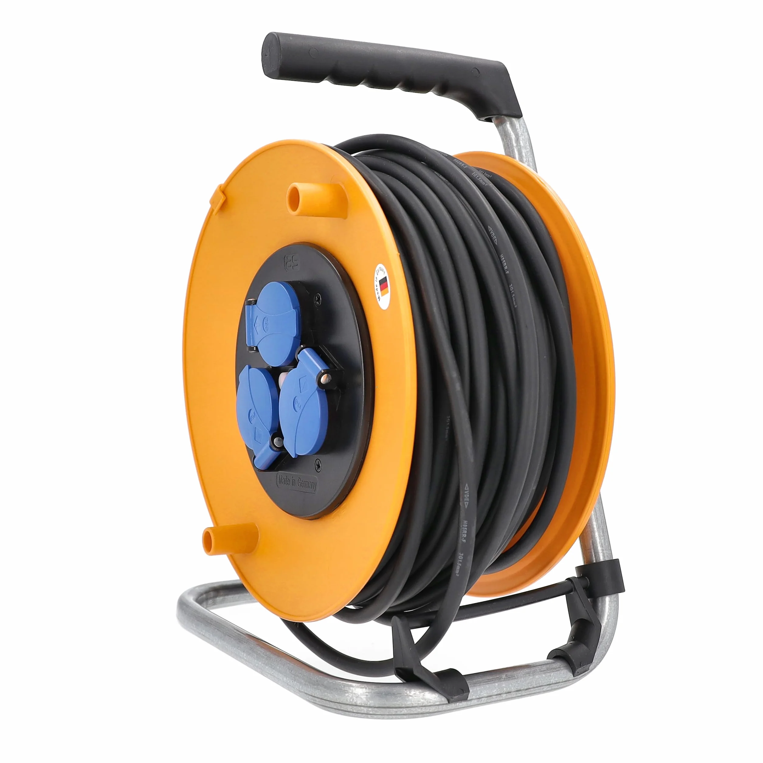 as - Schwabe zwijacz kabla 50 m, kabel przedłużający, 3 gniazda wpuszczane BF 230V/16A z pokrywą na zawiasach i wtyczką ochronną, zwijacz kabla, IP44, pomarańczowy, 811483