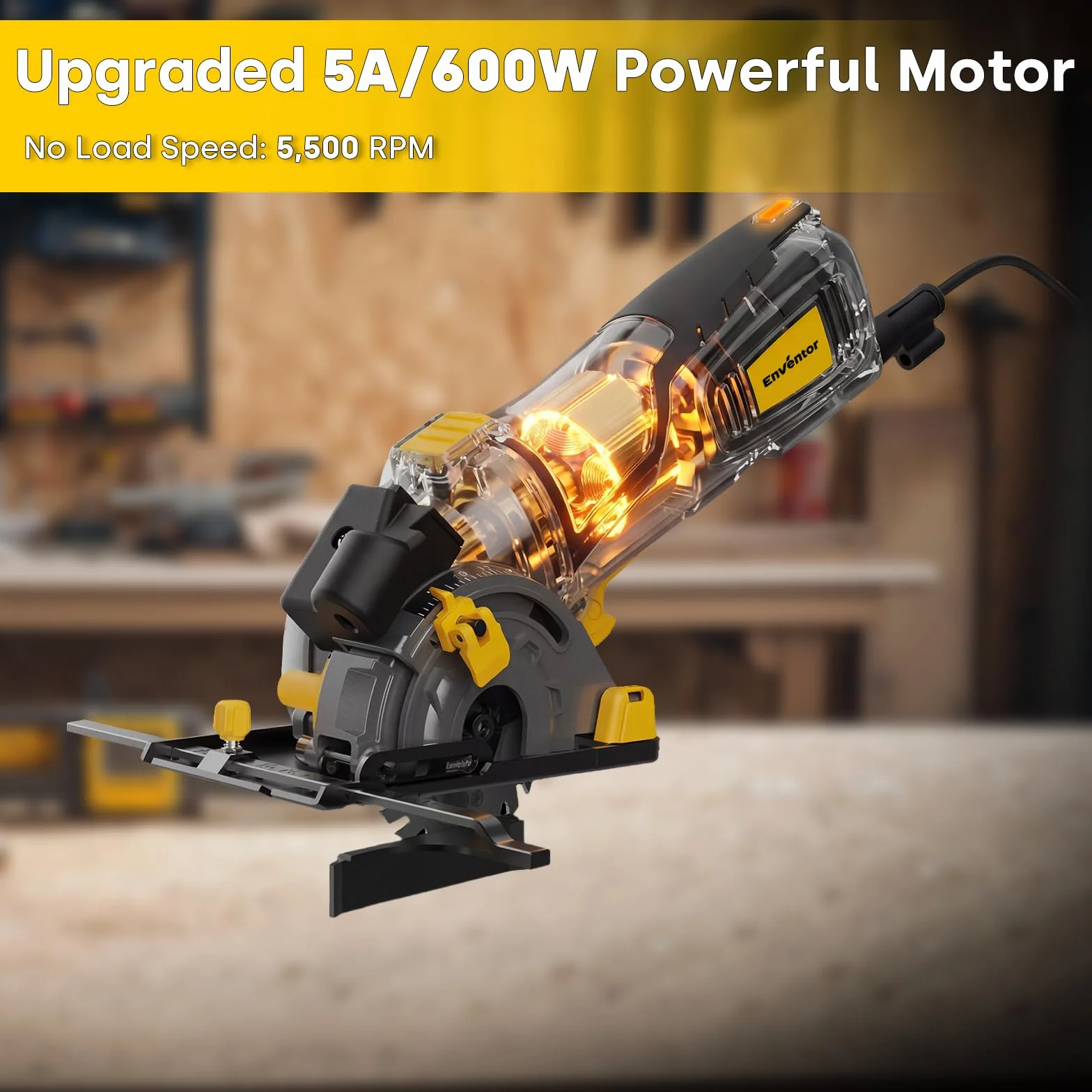 Enventor Mini Pilarka Tarczowa 600W, Miniaturowa Ręczna Pilarka Tarczowa z Linijką Skalową i Prowadnicą Laserową, 5500RPM, 3 Brzeszczoty, Do Drewna, Płytek, Tworzyw Sztucznych i Cienkich Metali