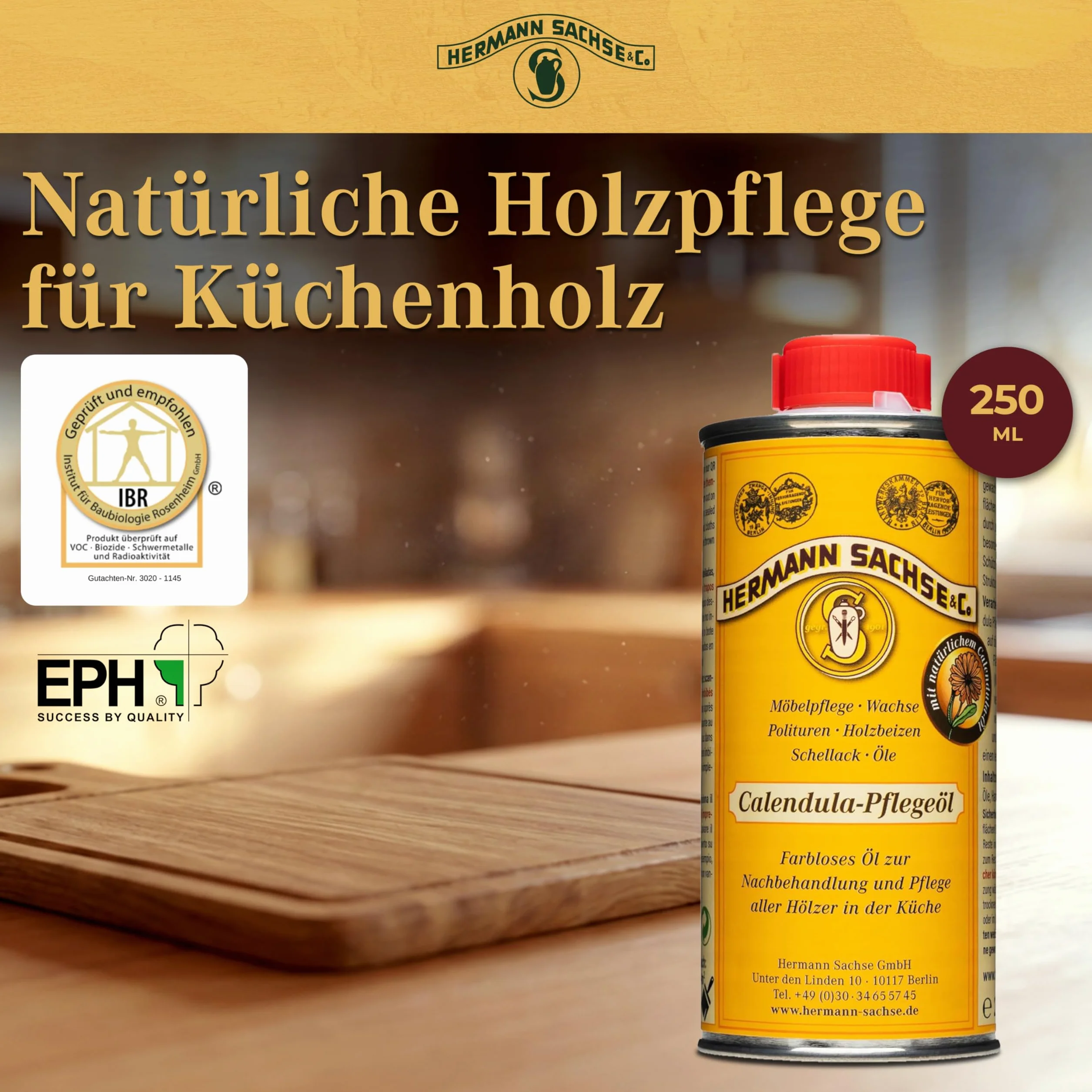 Hermann Sachse Calendula Pflegeöl - 250ml - Veganes farbloses Holzöl für Holzflächen - Holzpflegeöl für Küchenutensilien, Küchenmöbel - Made in Germany