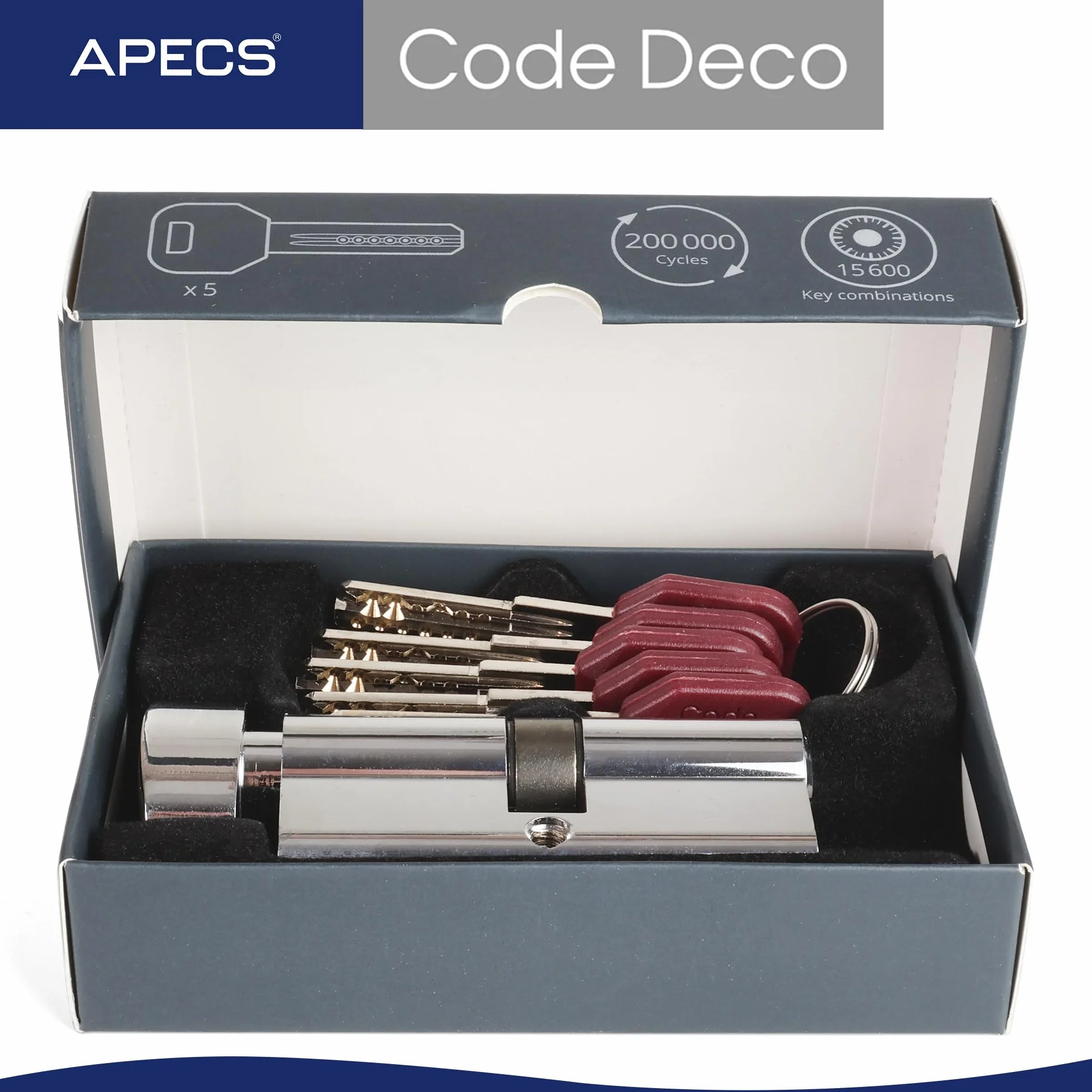 APECS Cylinder zamykający zamek bezpieczeństwa drzwi mieszkania cylinder gałki 90 (45/45C) mm z 5 kluczami model CodeDeco ZM-90(45/45C)-C chrom