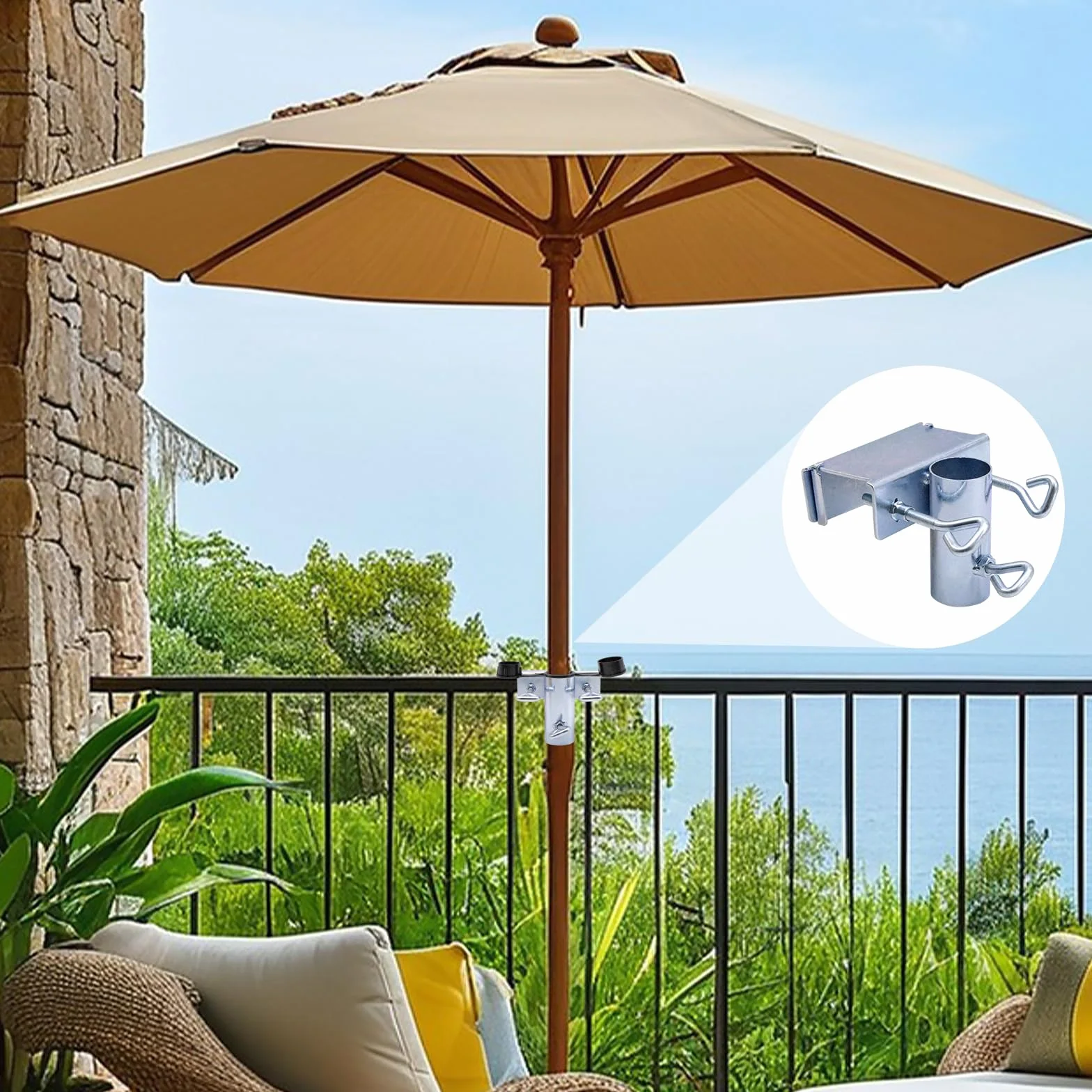 Uchwyt na parasol, poręcz balkonowa, uchwyt na parasol, odpowiedni dla maksymalnej szerokości 5 cm, uchwyt na parasol, wytrzymały uchwyt na parasol balkonowy z regulowanym zaciskiem, do ogrodu