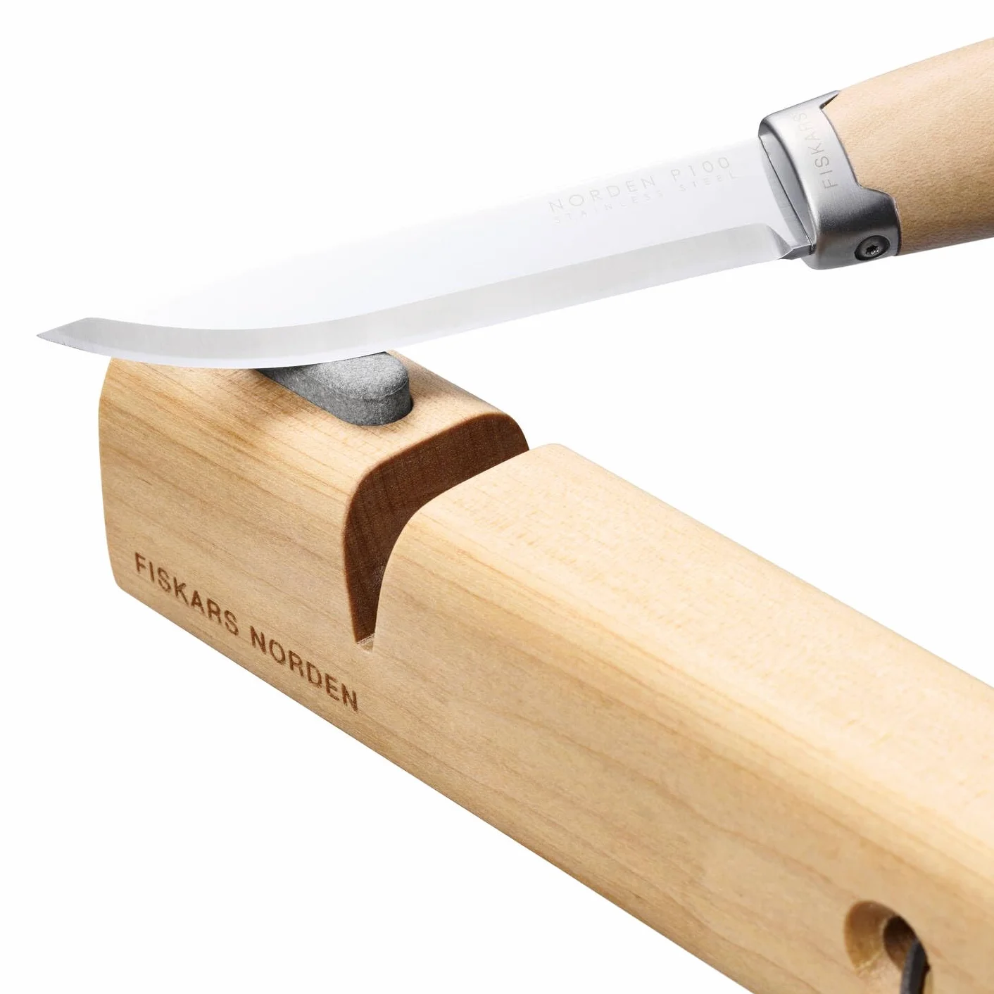 Fiskars Norden ostrzałka do siekiery i noży, kamień szlifierski ceramiczny, drewno brzozowe FSC