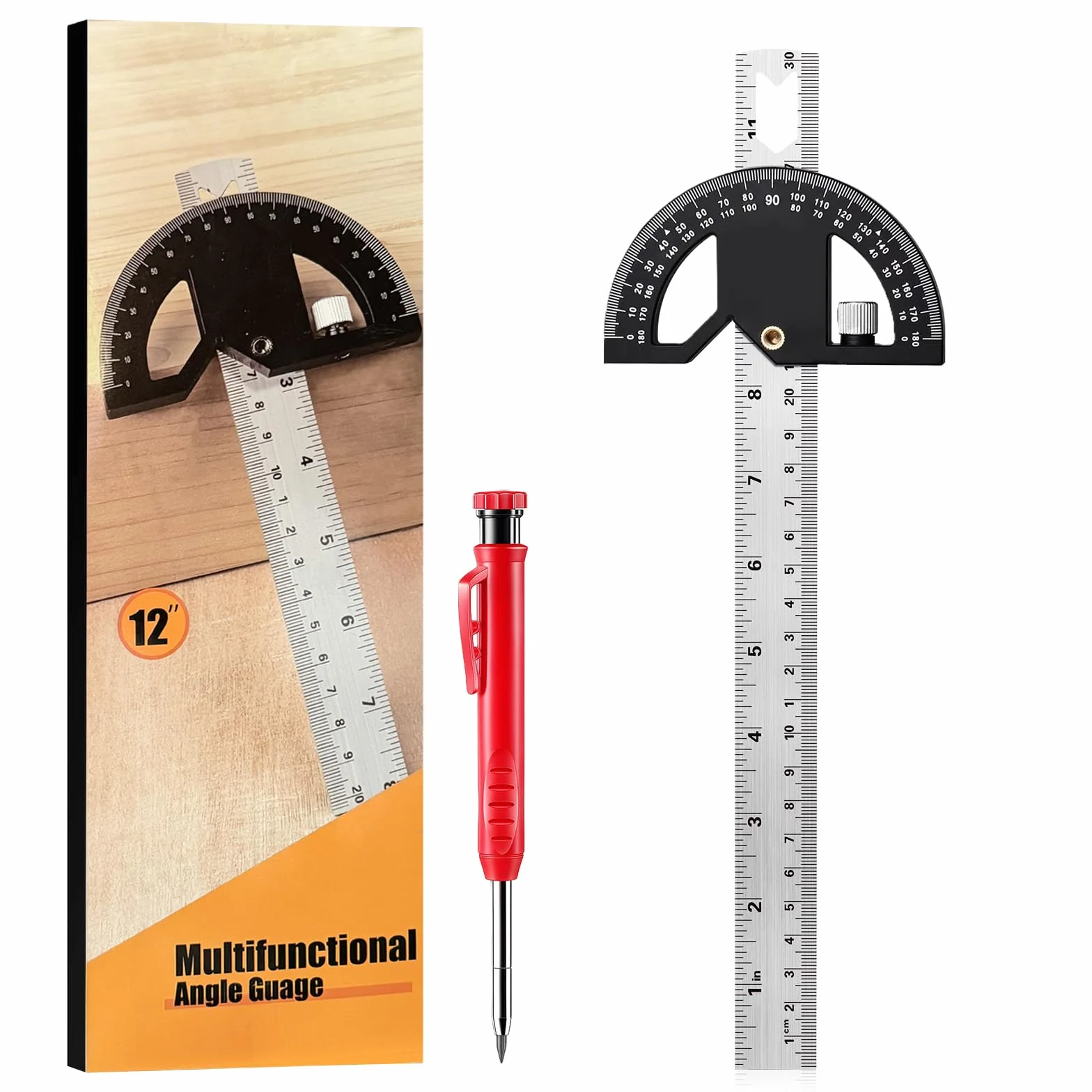 Flintronic Linijka kątowa do obróbki drewna, kątomierz z 300 mm linijką do znakowania ze stali nierdzewnej, linijka do obróbki drewna do rysowania okręgów, oznaczania linii, pomiaru długości