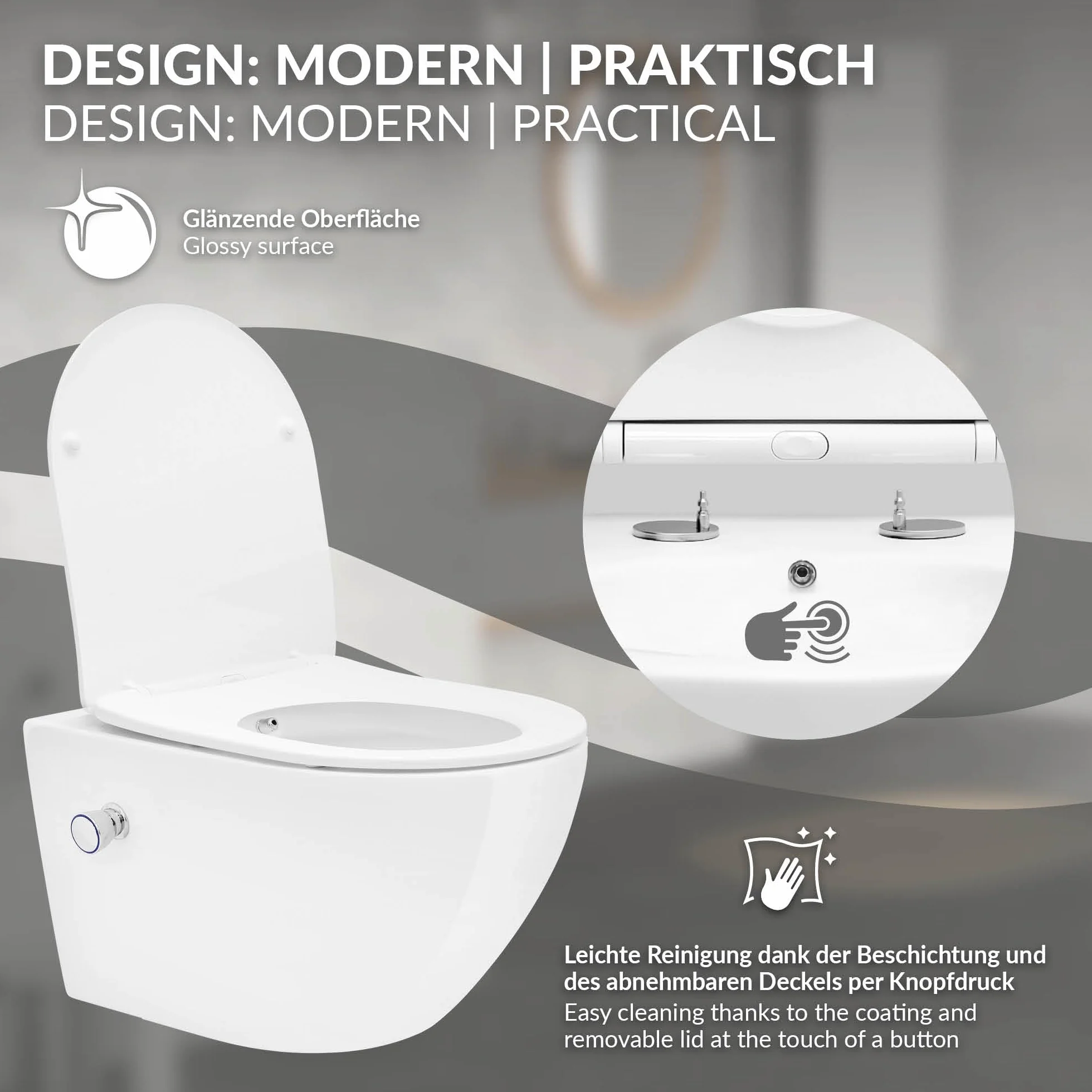 LuxeBath wiszaca muszla klozetowa bez rantu z funkcja bidetu, biala, powloka Wash WC Nano, spluczka Tornado, dluga 54 cm, blyszczaca wiszaca miska klozetowa z miekko zamykana deska klozetowa