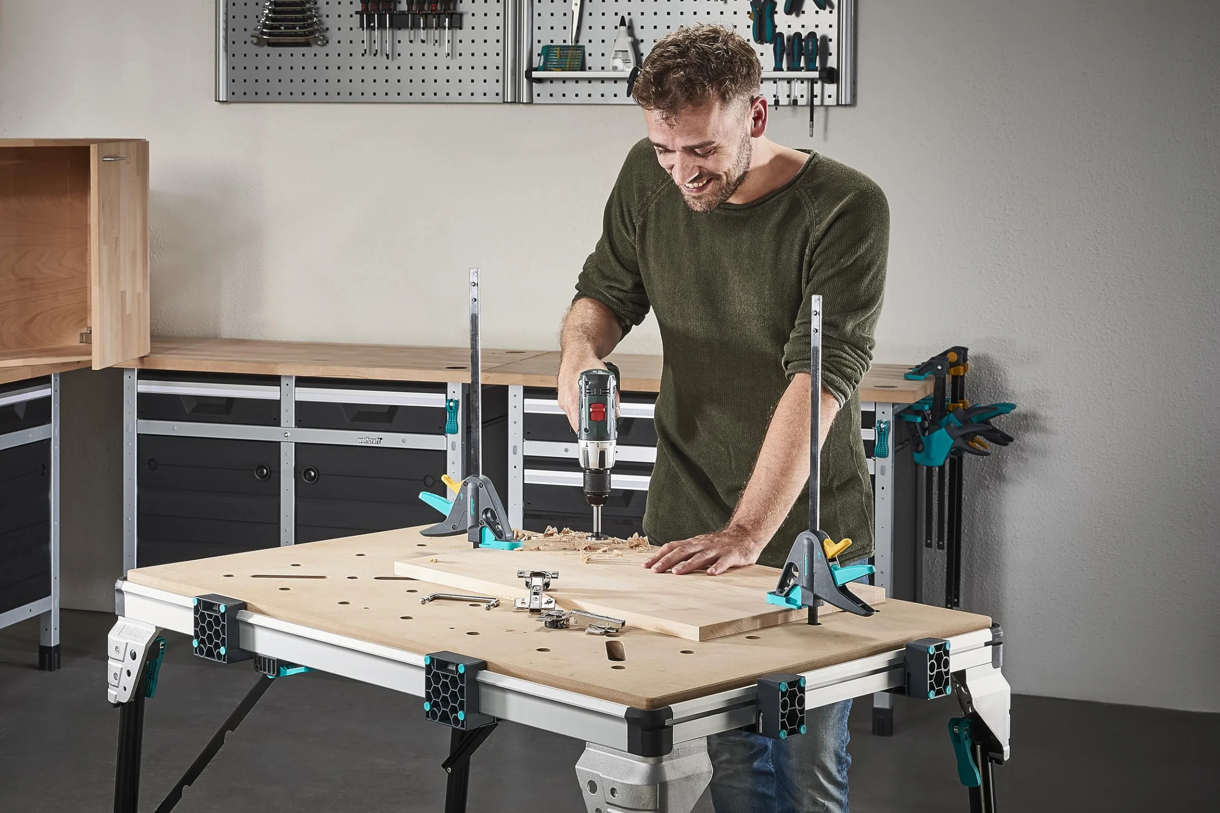 wolfcraft Ścisk do stołów PRO 65-150-W I 3036000 I Do mocowania obrabianych przedmiotów do wszystkich stołów serii MASTER I Siła mocowania 90 kg - Zakres zacisku:120 mm