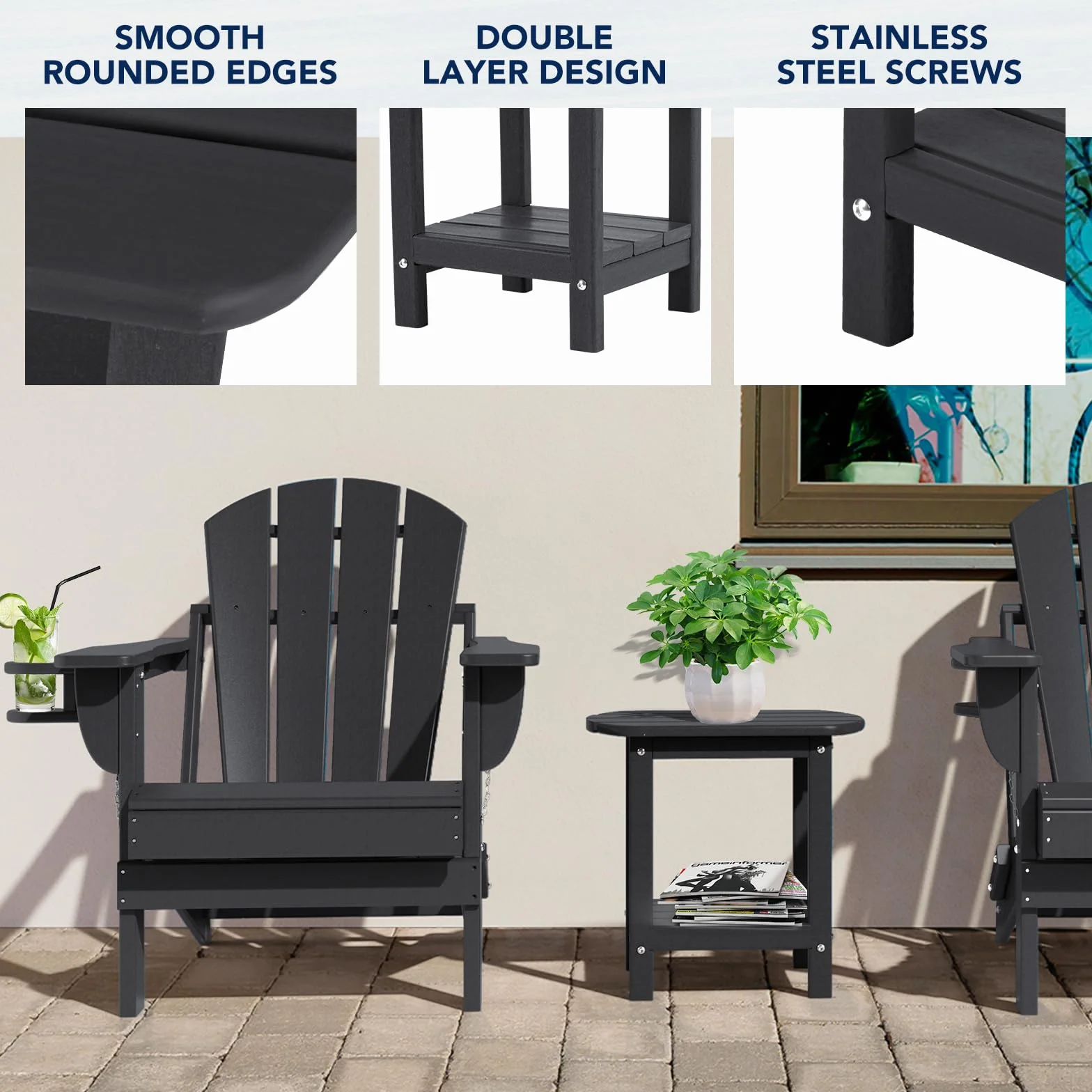 Nalone Adirondack Stolik pomocniczy 16,5" na zewnątrz z tworzywa sztucznego HDPE, podwójny stolik pomocniczy Adirondack mały stolik na patio (czarny)