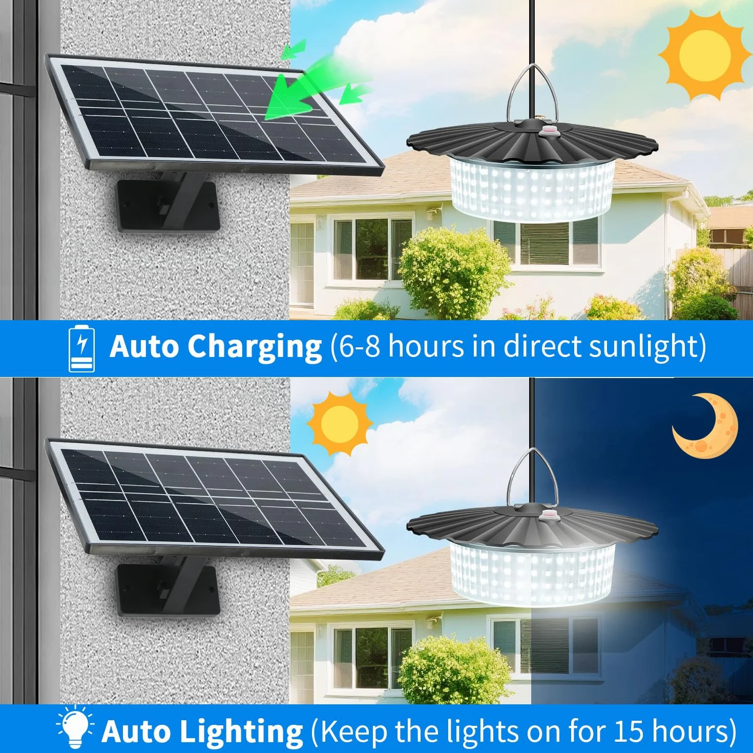 LEKIA Solarna szopa do użytku na zewnątrz i wewnątrz, 244 diody LED, oświetlenie 360°, solarne lampy garażowe z pilotem zdalnego sterowania, wodoodporne lampy wiszące z czujnikiem ruchu, timerem, 5