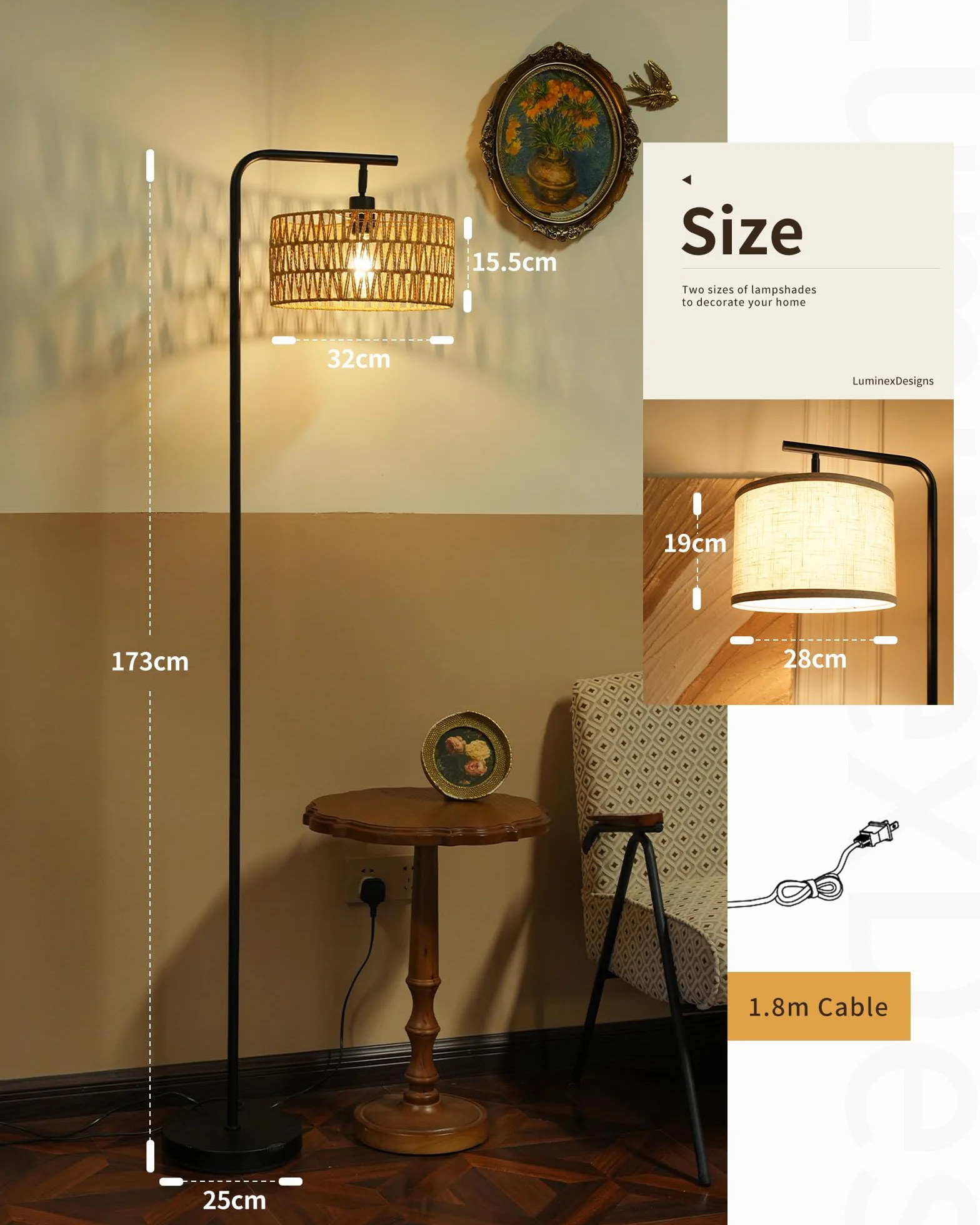 Lampa podłogowa z podwójnym kloszem, regulowane kąty światła do salonu, sypialni i biura, bez żarówki