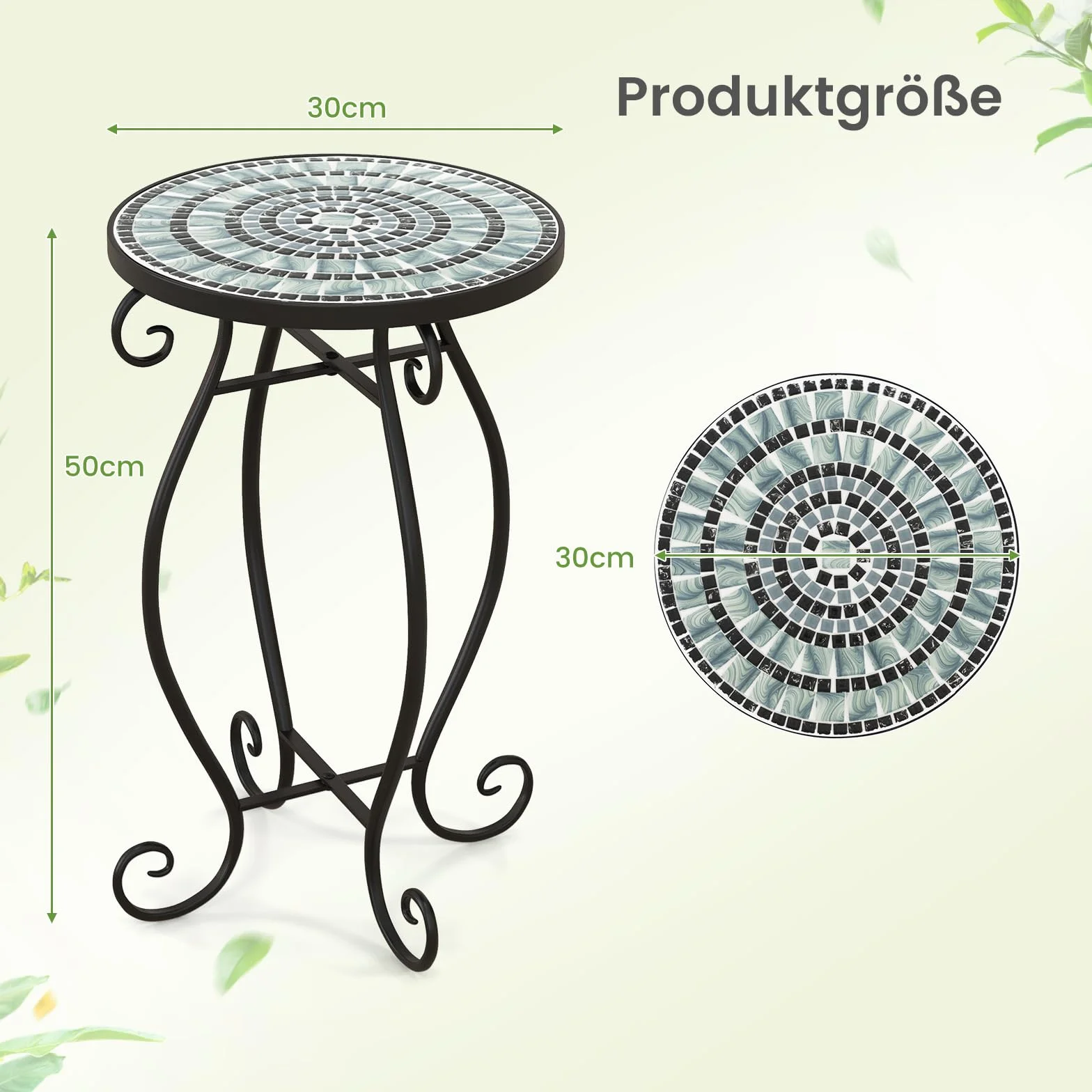COSTWAY Stolik pomocniczy, okrągły stół mozaikowy, stół ogrodowy, bistro, Ø 30 x 50 cm, stół balkonowy z metalu i ceramiki, taboret na kwiaty, na balkon, taras, do ogrodu (czarno-szary)