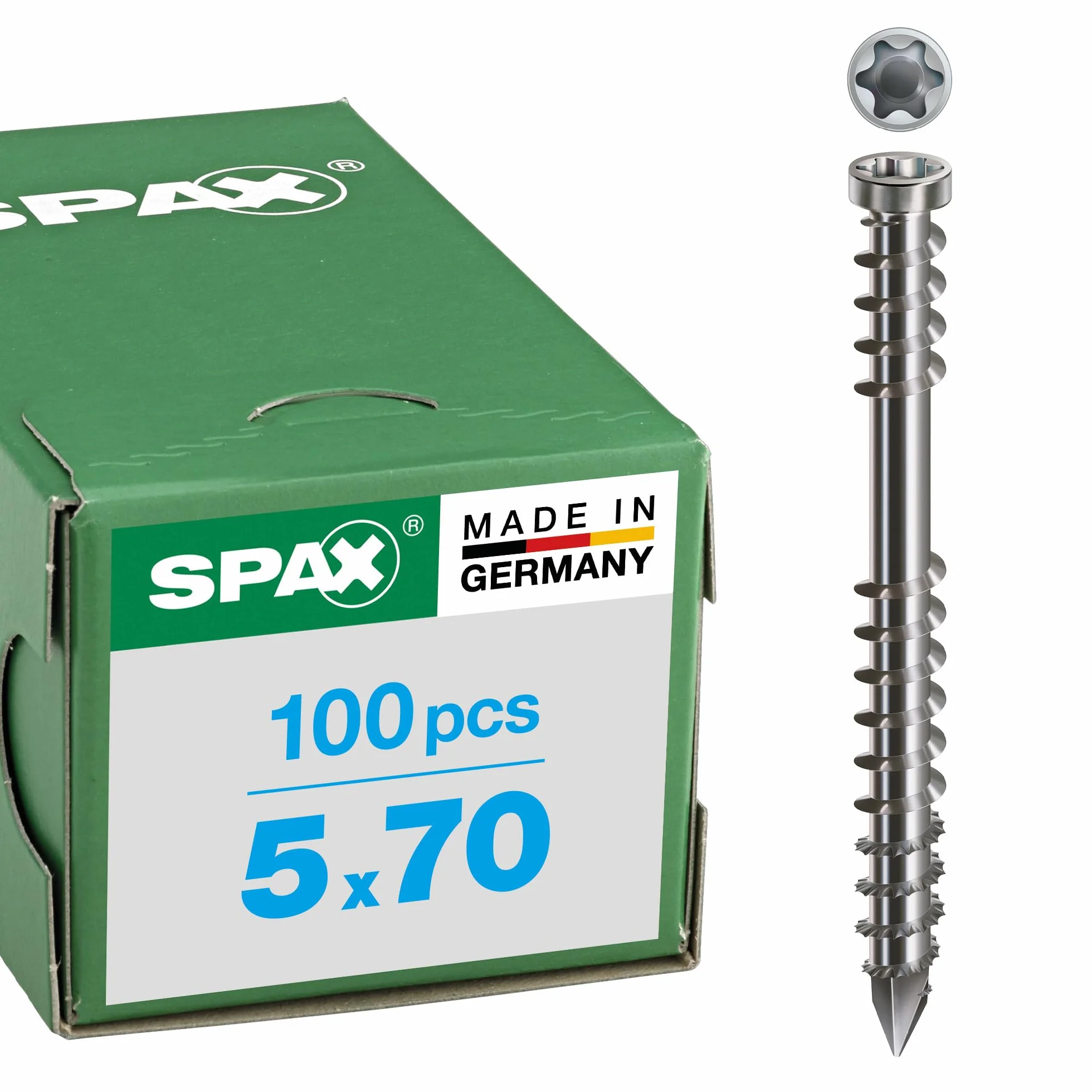 SPAX 537000500703 Taras, głowica cylindra, T-Star Plus, cięty, gwint mocujący, 1,4567, (5,0 x 70 mm, opakowanie 100), stal nierdzewna A2, 5,0 x 70 mm