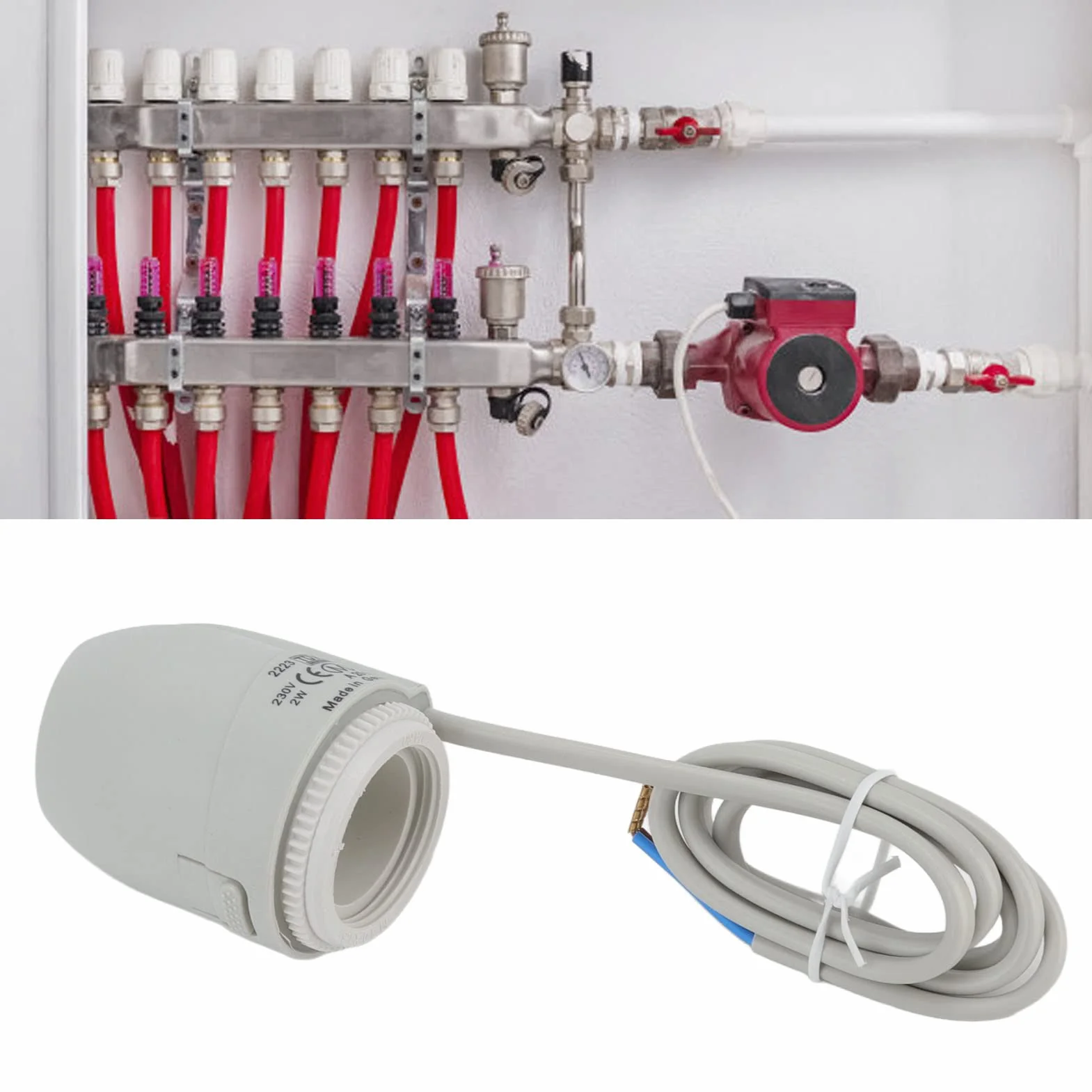 Elektryczny Siłownik Termiczny 2 W, Siłownik do Ogrzewania Podłogowego 230 V Rozdzielacz Zamknięty IP54 Wodoodporny Zawór Termostatyczny do Ogrzewania Podłogowego do Systemu