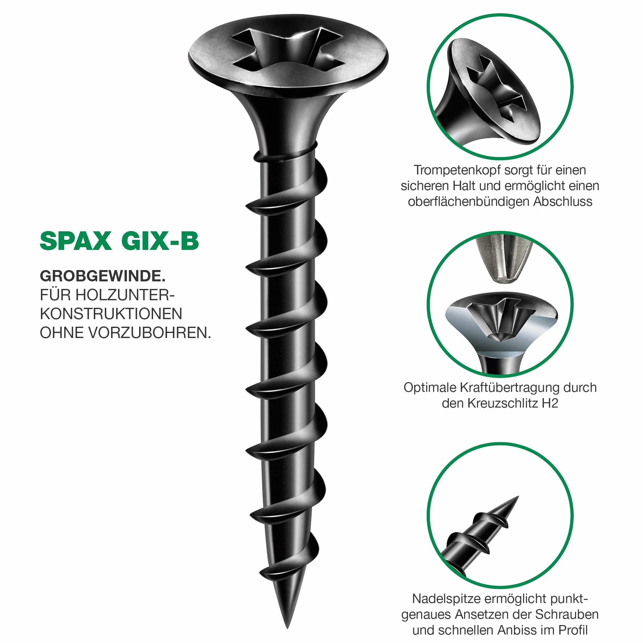 SPAX GIX-B Wkręty do szybkiego montażu 3,9 x 55 mm, gwint gruboziarnisty, 500 sztuk, łeb trąbki, z rowkiem krzyżowym H2, śruby do suchej zabudowy do drewnianych podkonstrukcji – 1891170390555