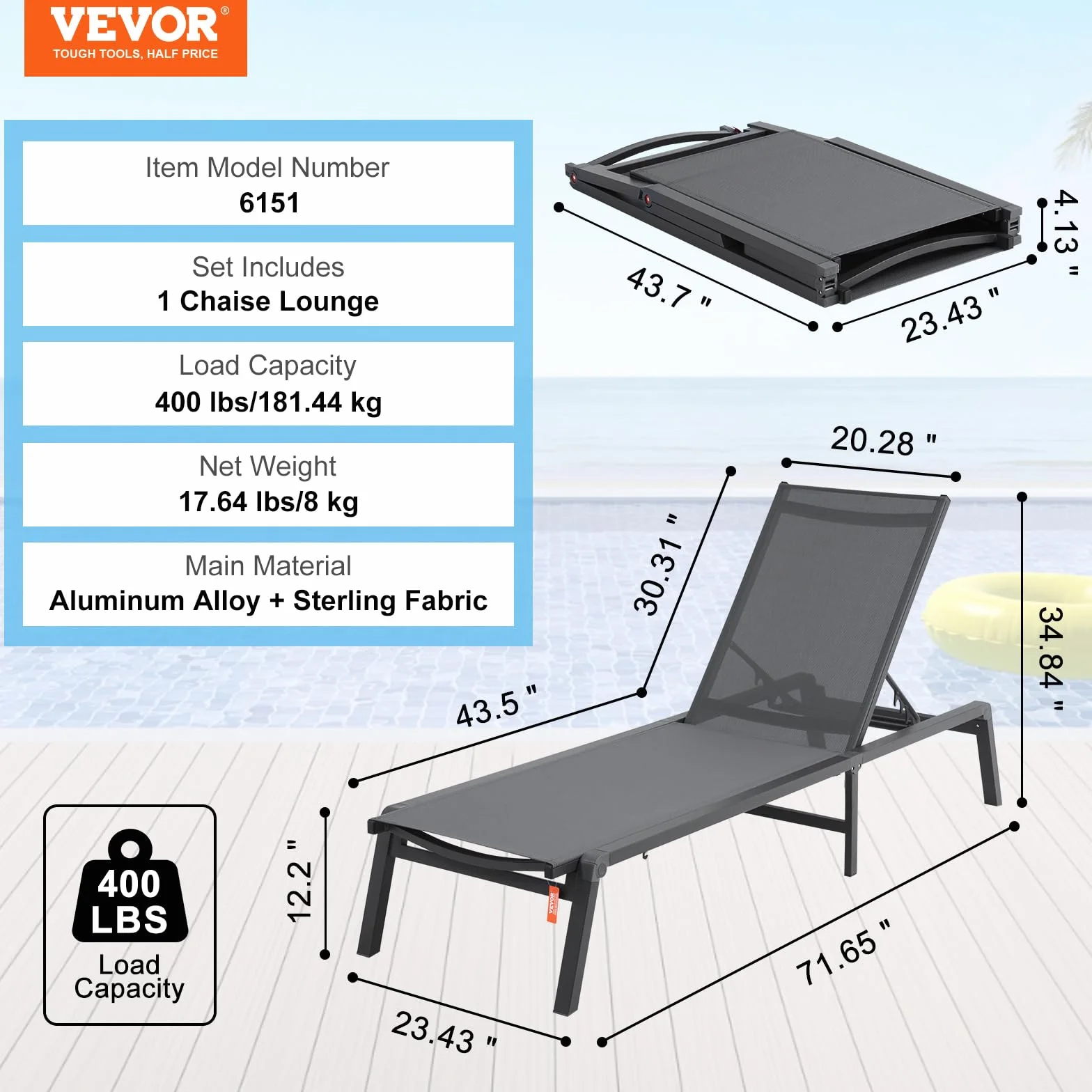 VEVOR Aluminiowe leżaki zewnętrzne, składane krzesła ogrodowe z 5 regulowanymi pozycjami, leżakami do basenu lub płaskiego opalania, na patio, plażę, basen, szare krzesła