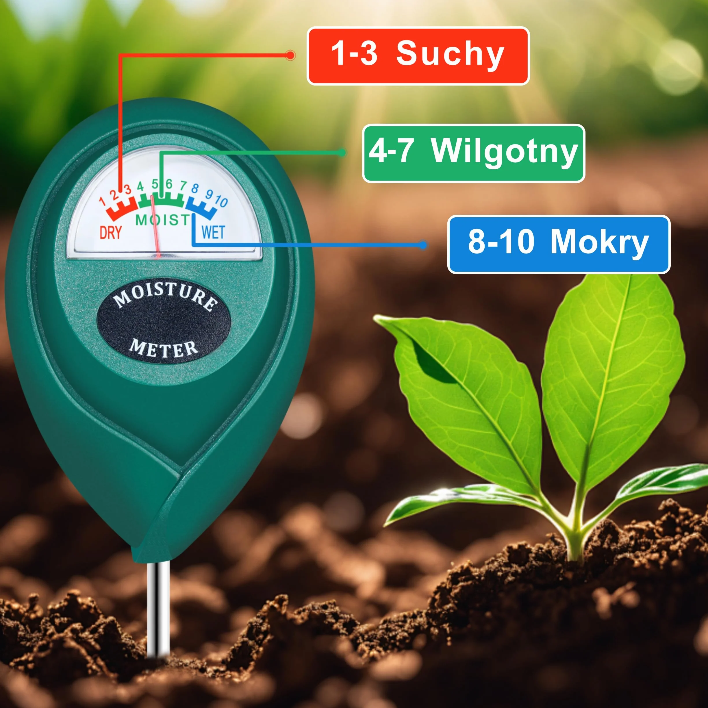Higrometr do gleby, miernik wilgotności, długa sonda, tester ogrodniczy, bez baterii