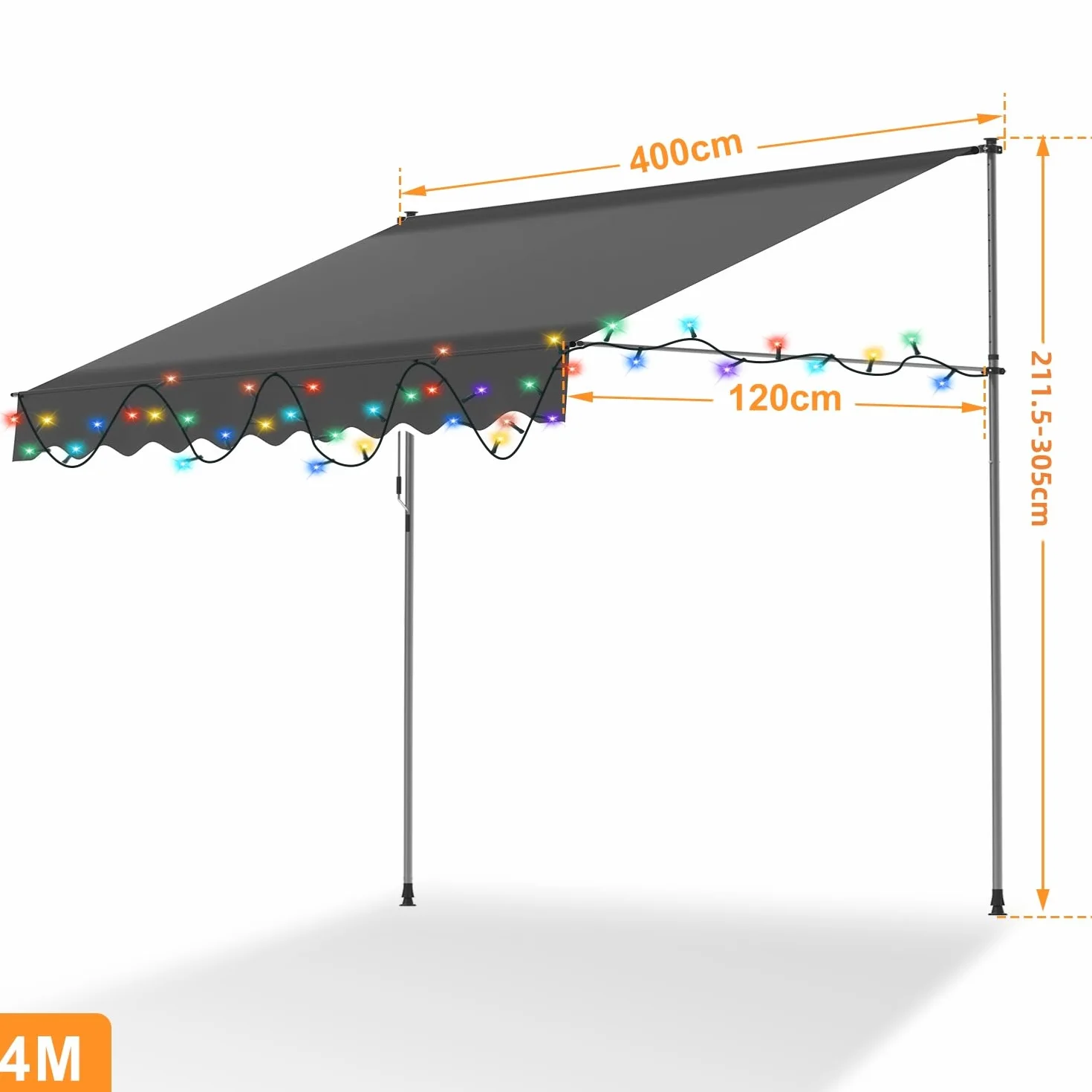 markiza zaciskowa 400 cm szerokości z oświetleniem LED, markiza bez wiercenia z korbą ręczną, odporna na działanie promieni UV, ochrona przed słońcem i wodoszczelna, markiza balkonowa