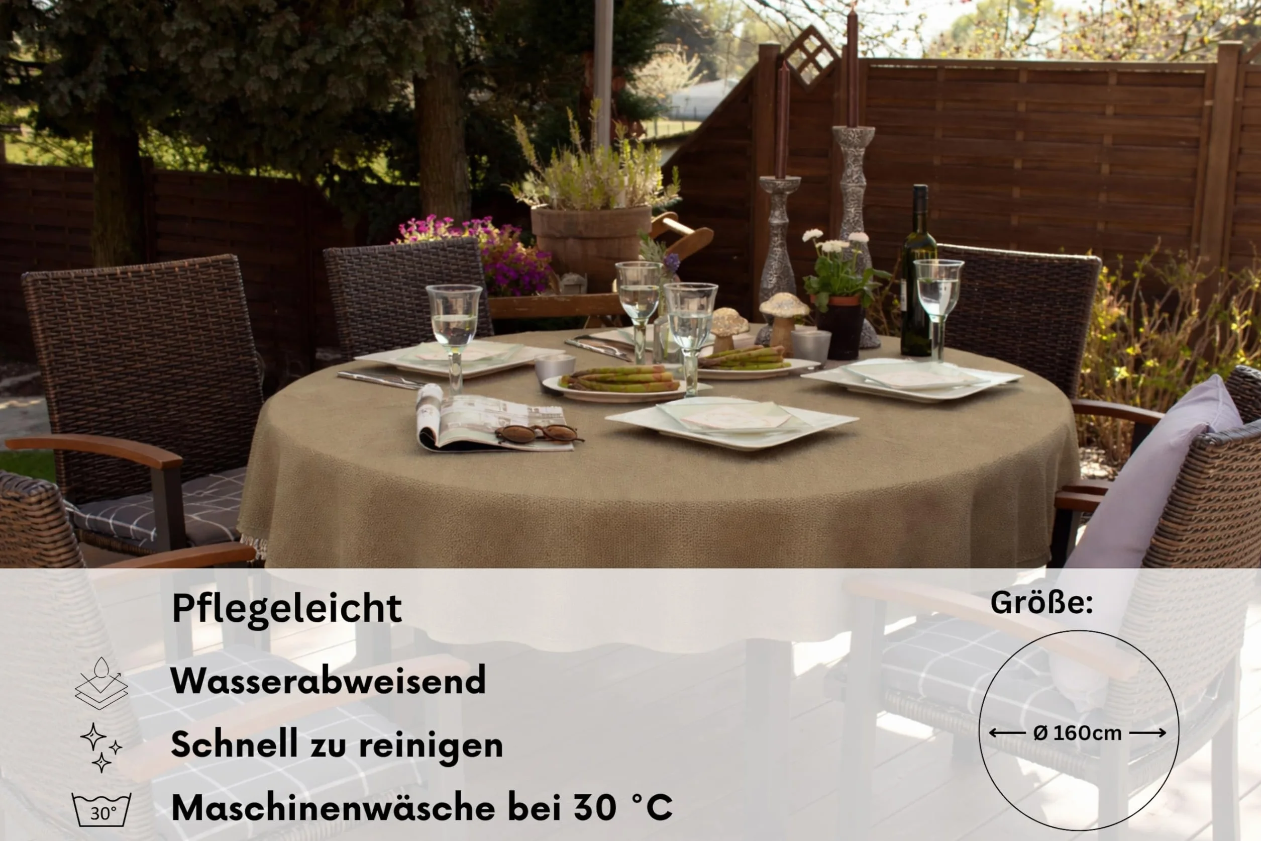 Brandsseller Obrus na stół ogrodowy, z pianki, odporny na warunki atmosferyczne, antypoślizgowy, do ogrodu, na balkon i na kemping – beżowy, okrągły, 160 cm