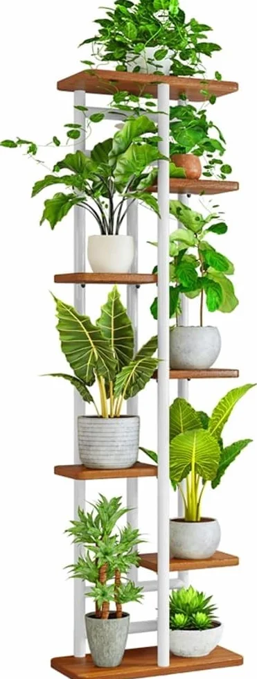 POKKA Metalowo-MDF Kwietnik Stojący 7-Poziomowy 120x36x23,5 cm Biało-Drewniany Składany Industrialny
