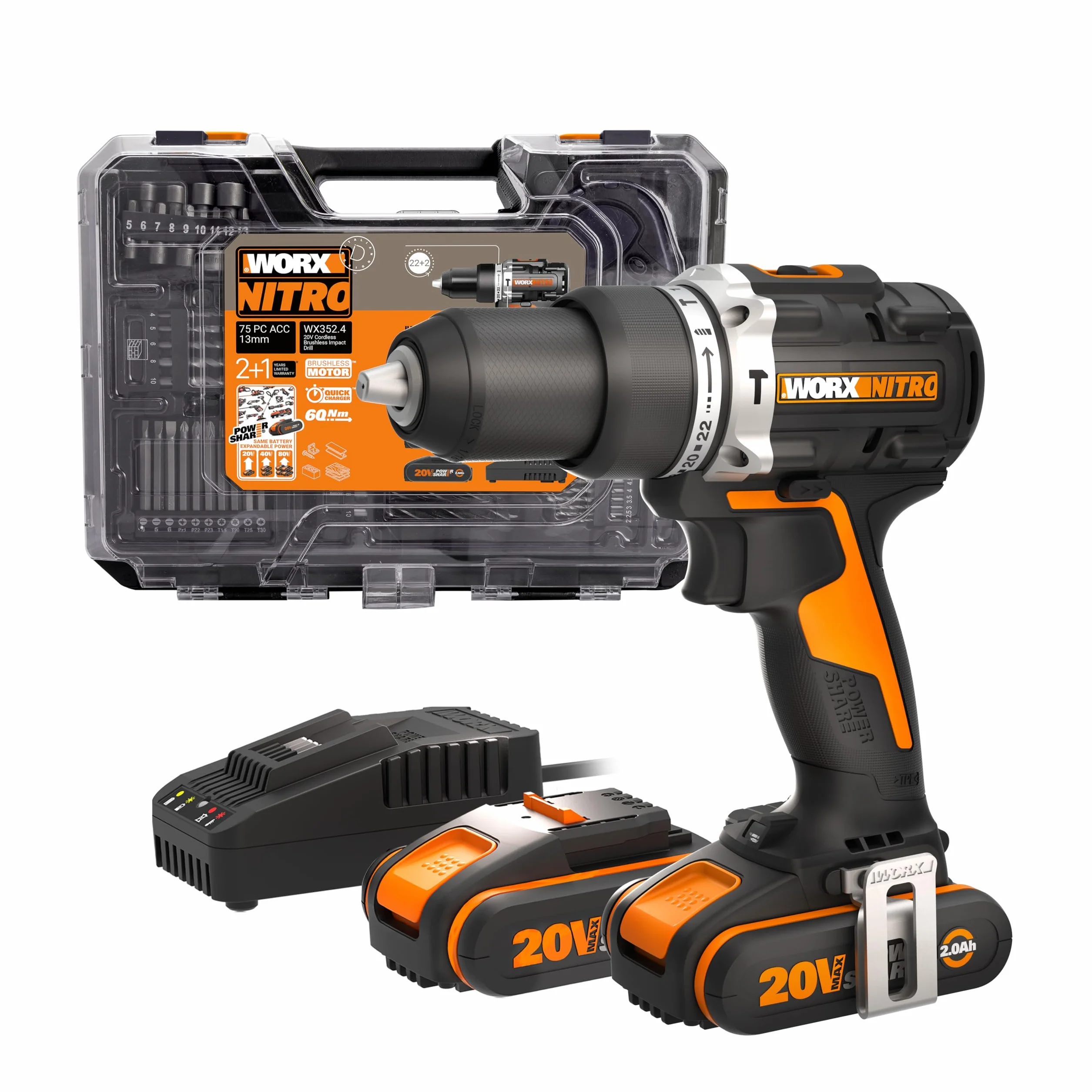 WORX Nitro WX352.4 akumulatorowa wiertarka udarowa 20 V, silnik bezszczotkowy, 60 Nm, regulowana prędkość obrotowa, światło LED (w zestawie 75 sztuk bitów, 2 akumulatory 2,0 Ah PowerShare w zestawie)